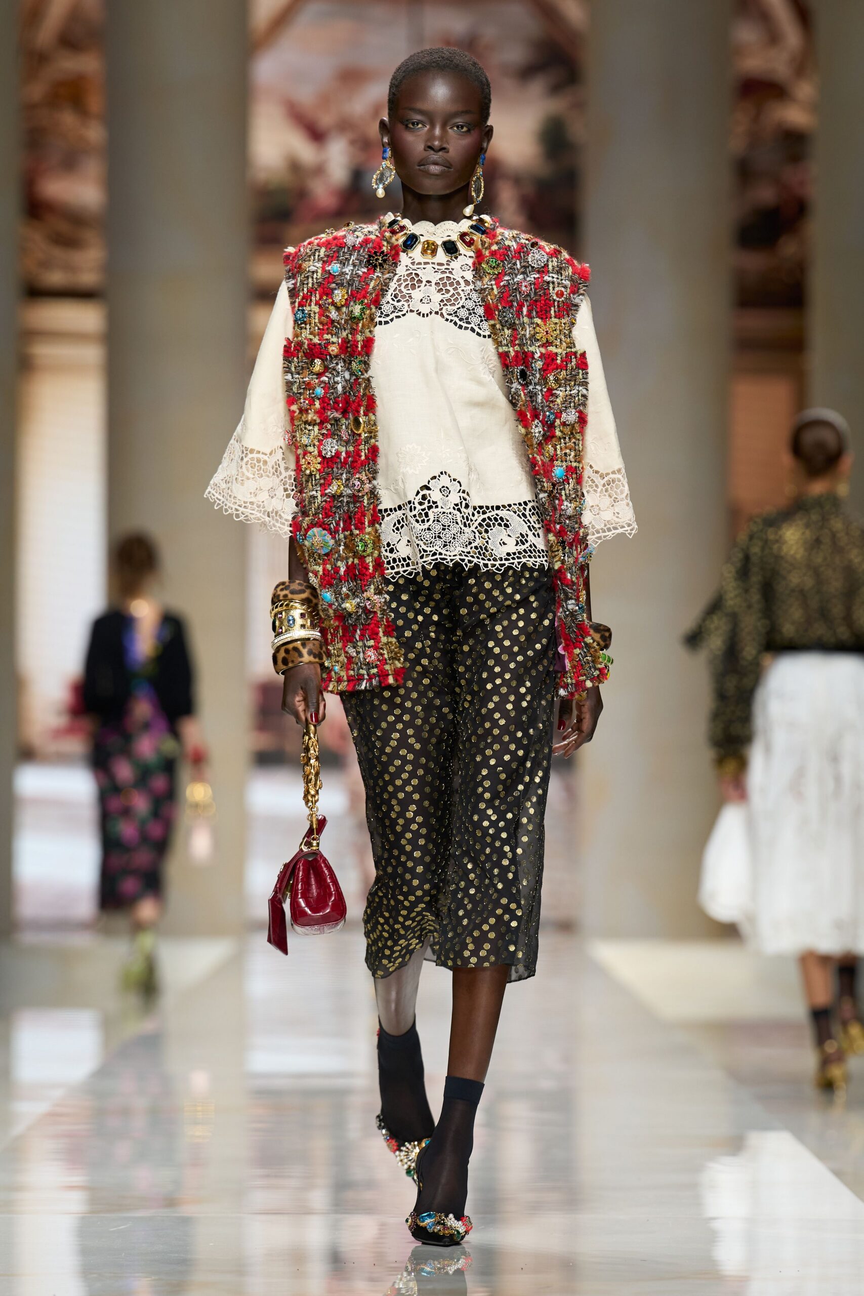 embellished tweed sleeveless long vest