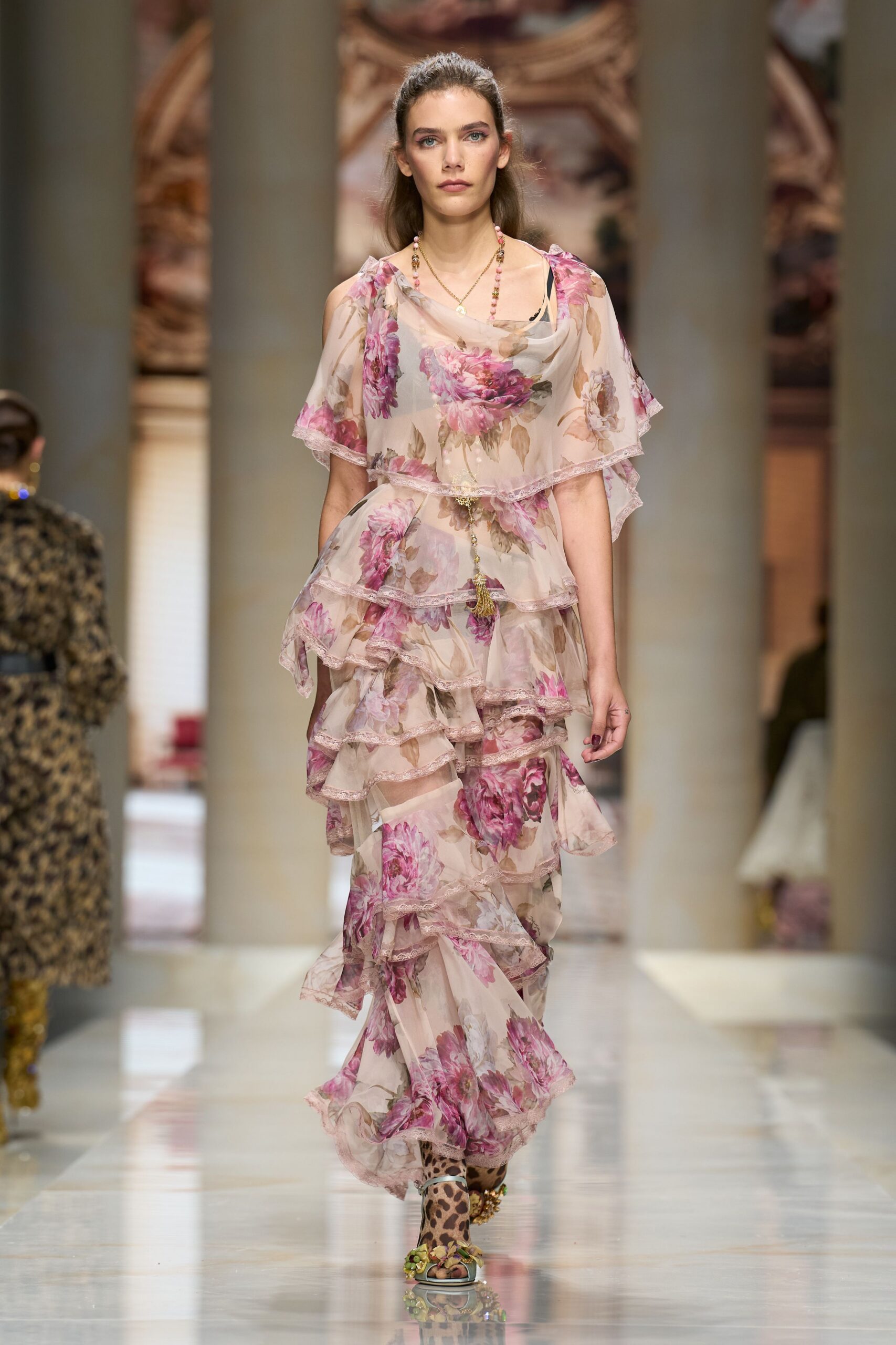 tiered floral chiffon evening gown