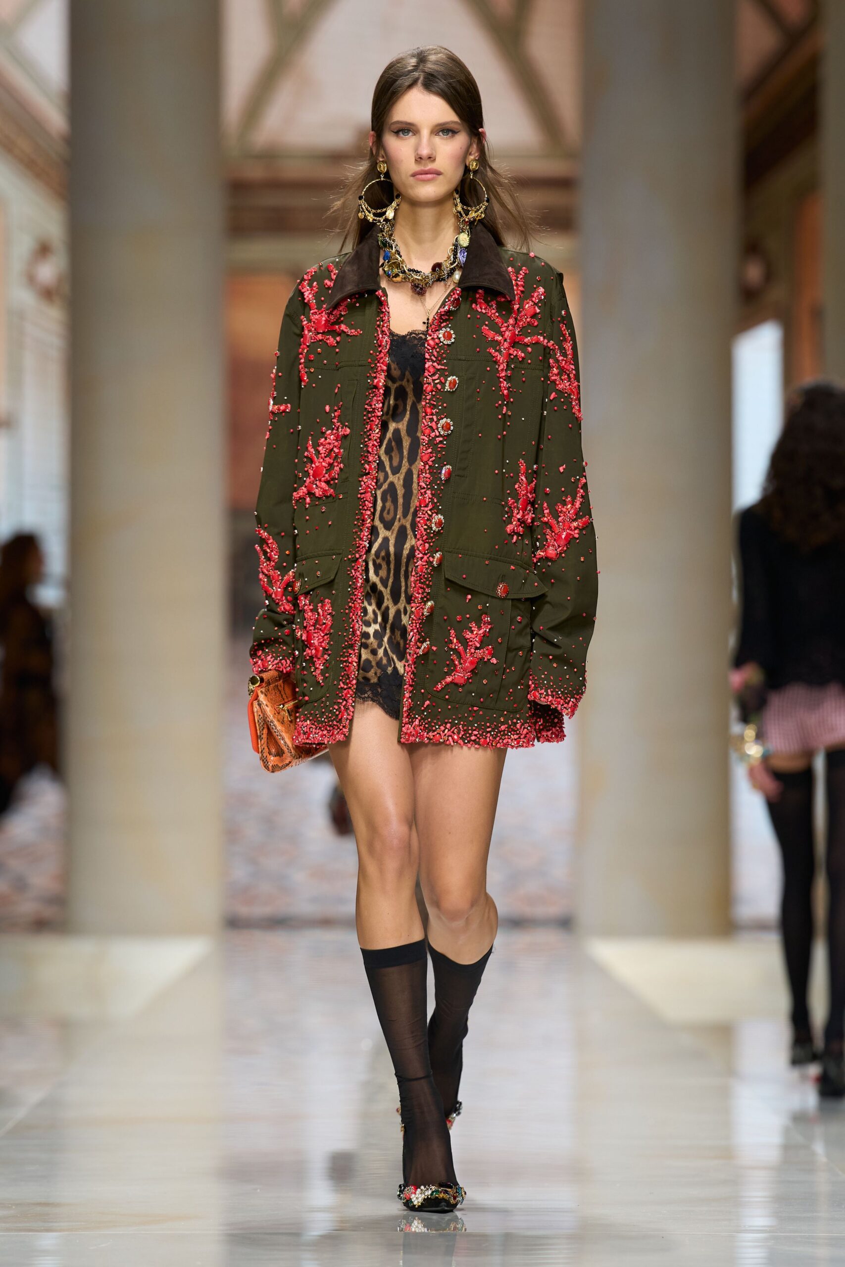 beaded field jacket with coral embellishment