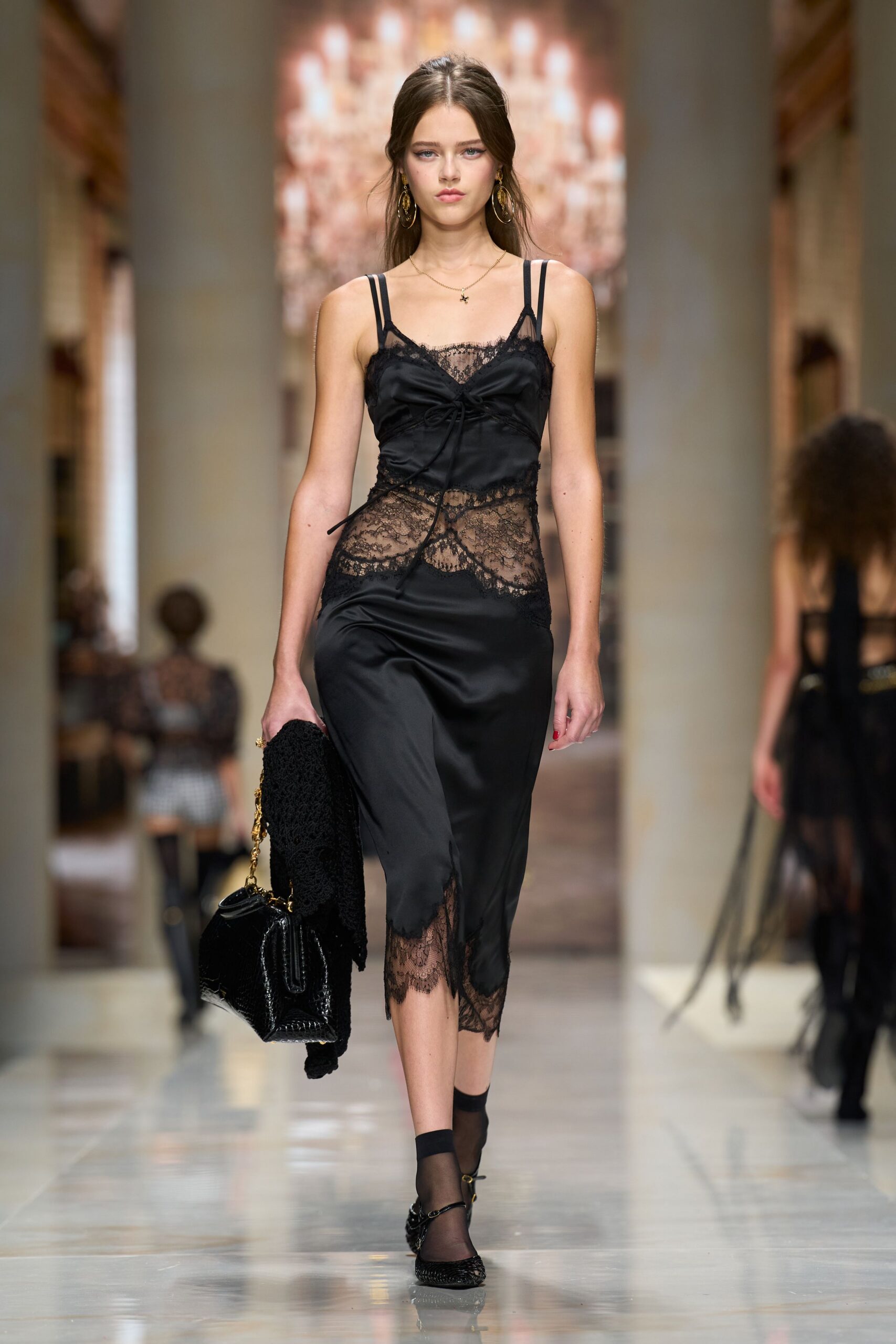 black lace-panel slip midi dress