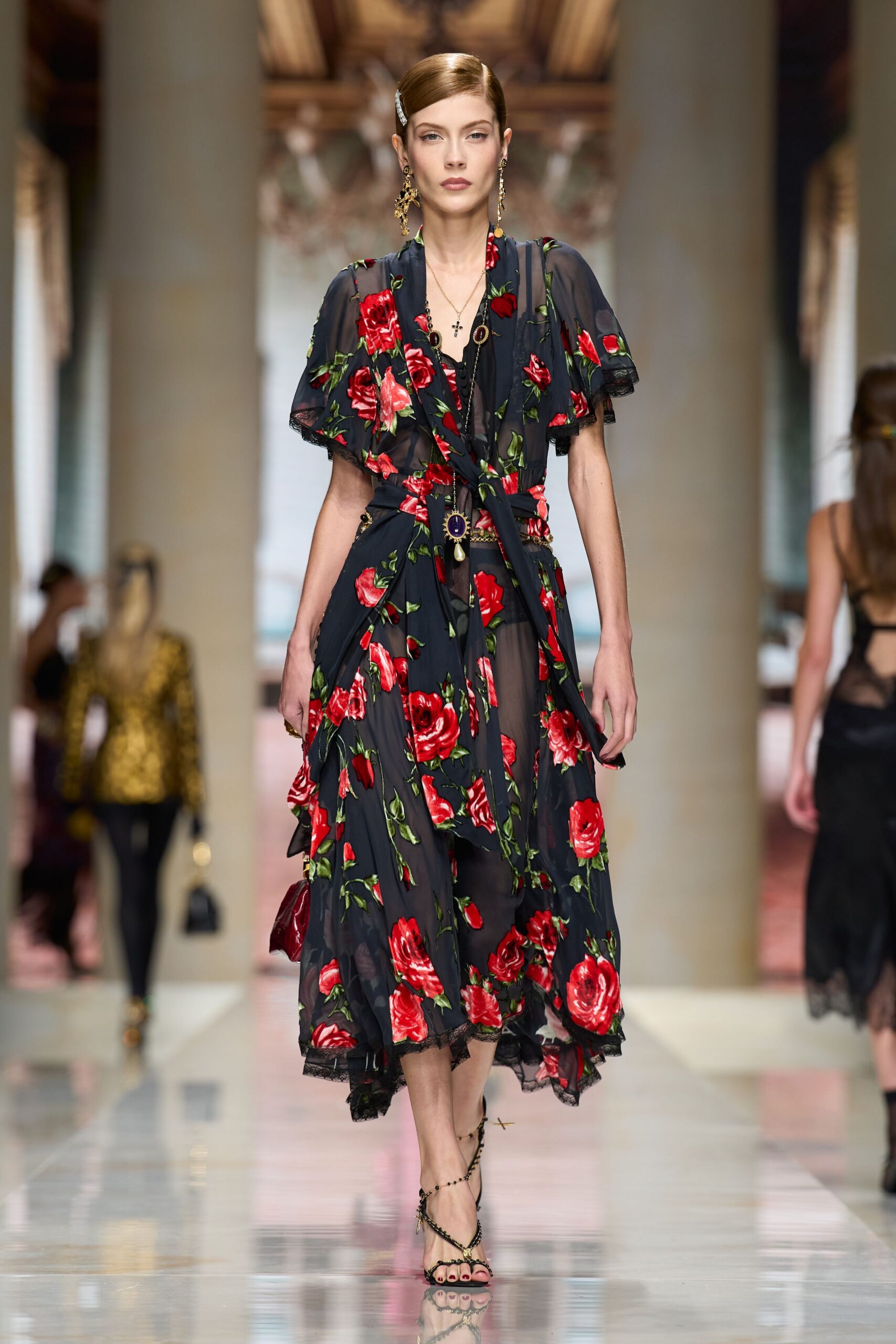 rose-print sheer wrap midi dress