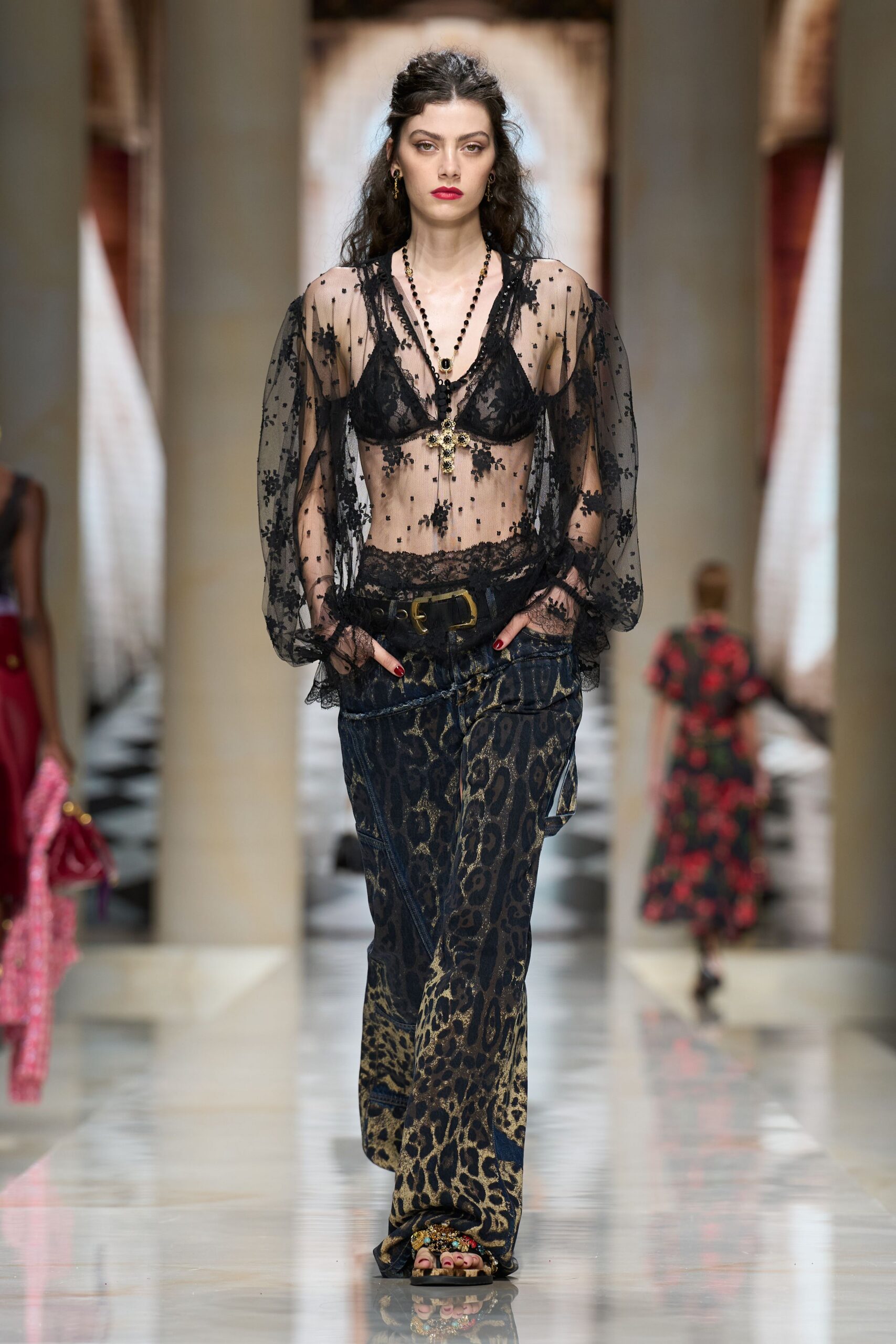 black mesh long-sleeve v-neck floral embellished blouse