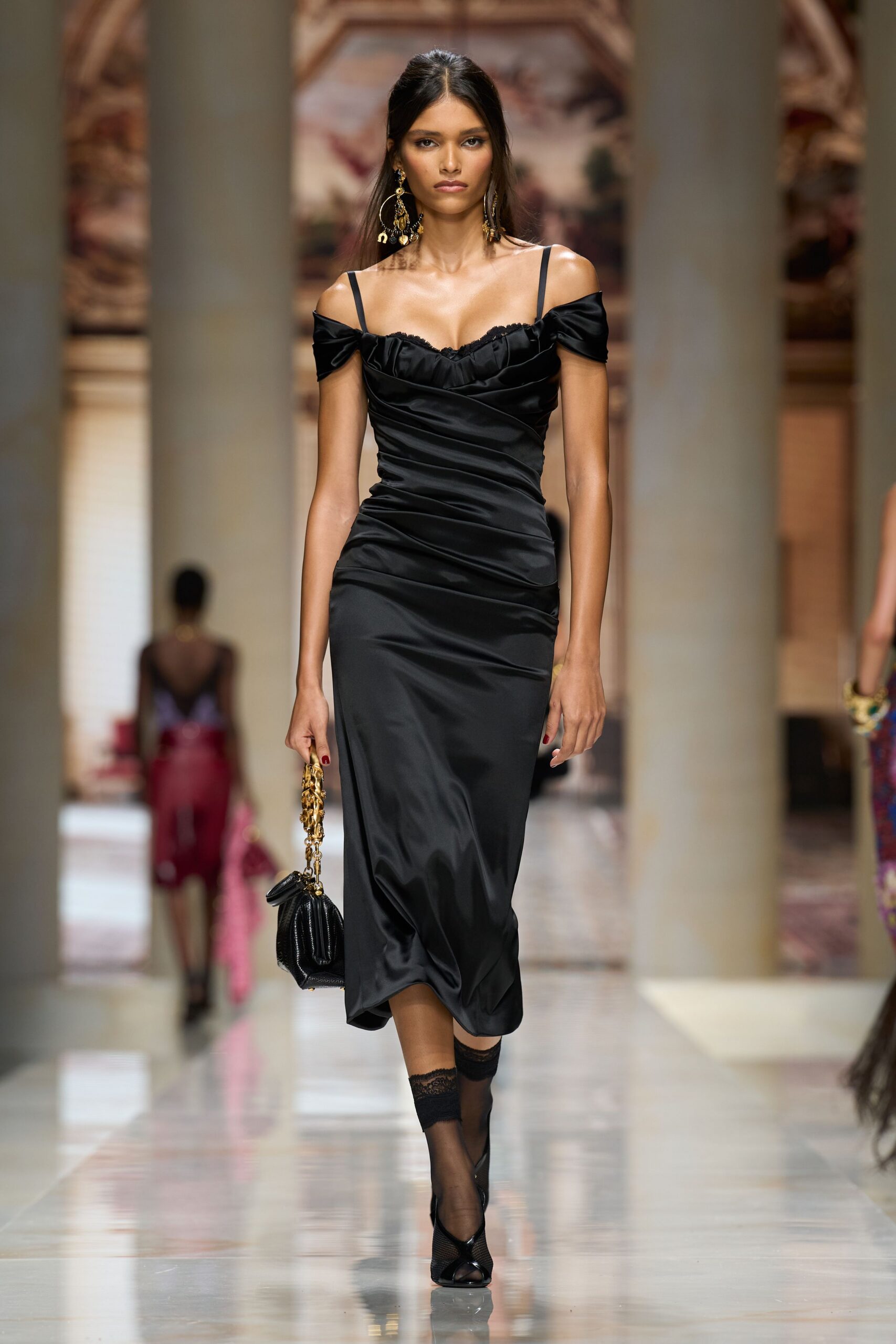 black off-shoulder satin midi dress