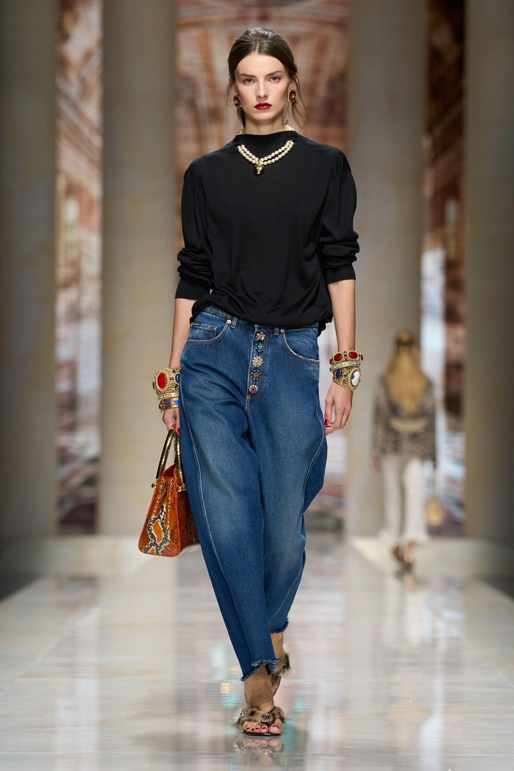 high-waisted jewel-button wide-leg jeans
