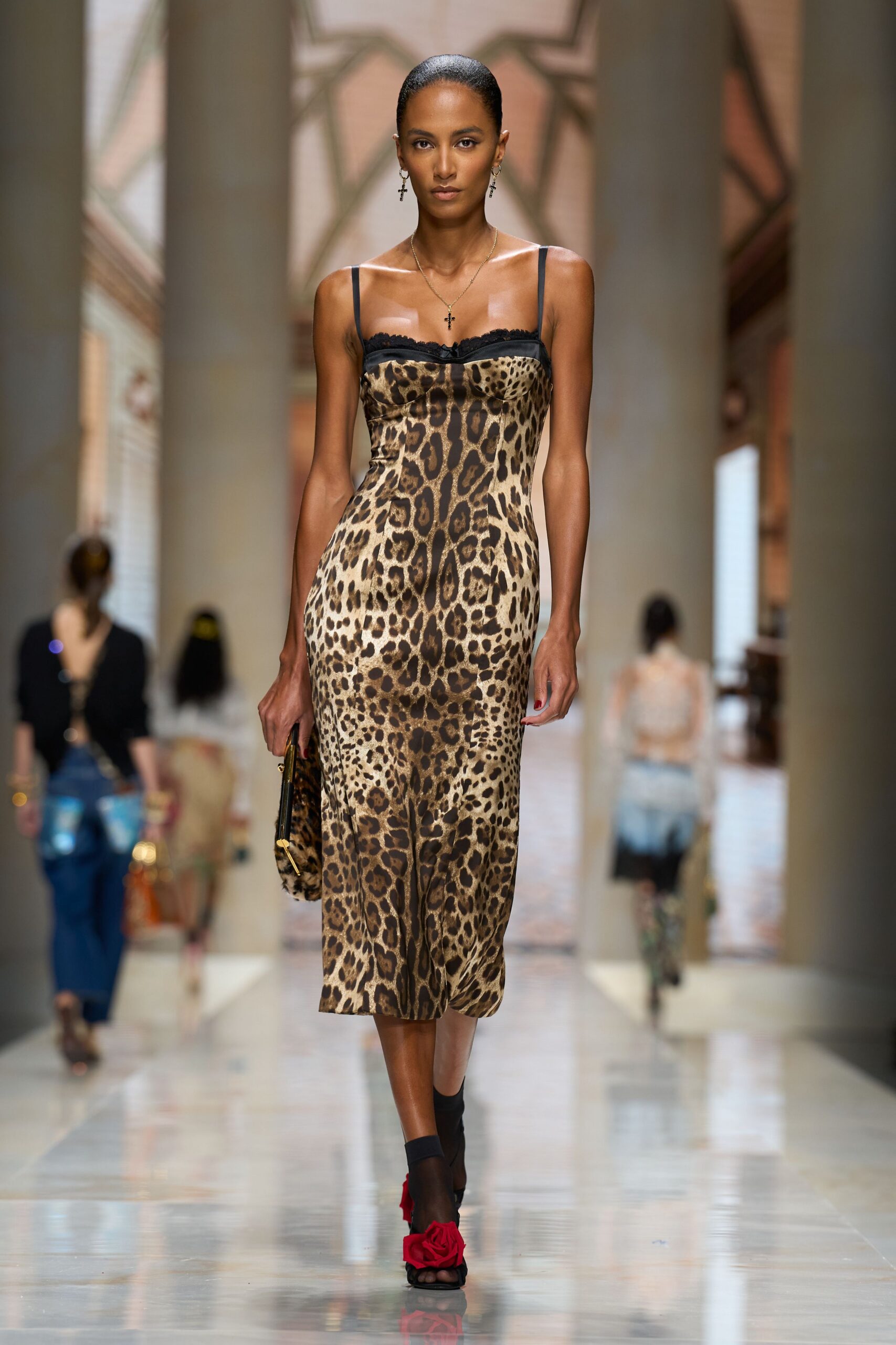 leopard lace-trim slip midi dress