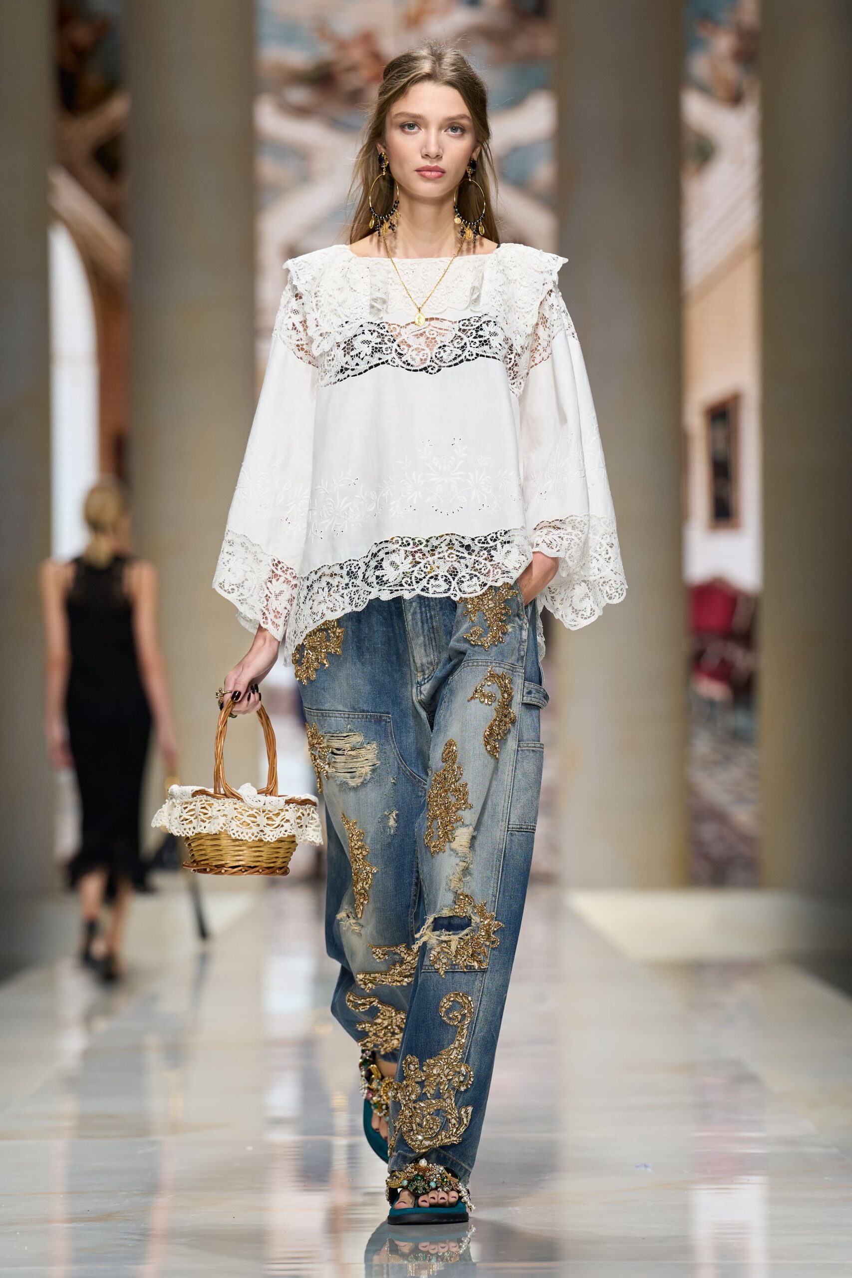 white lace long-sleeve boat-neck oversized embroidered scalloped blouse