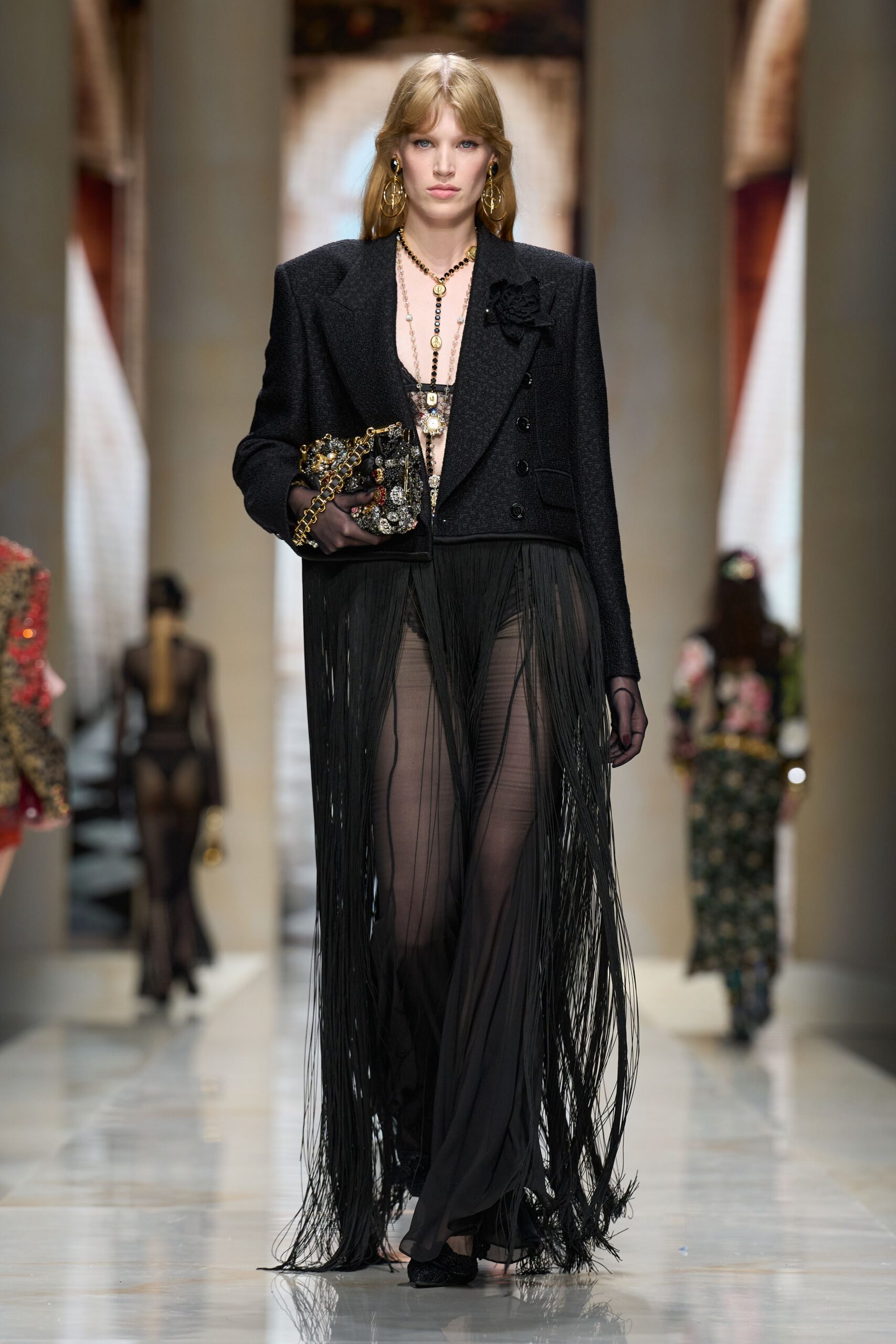 sheer black fringe evening dress