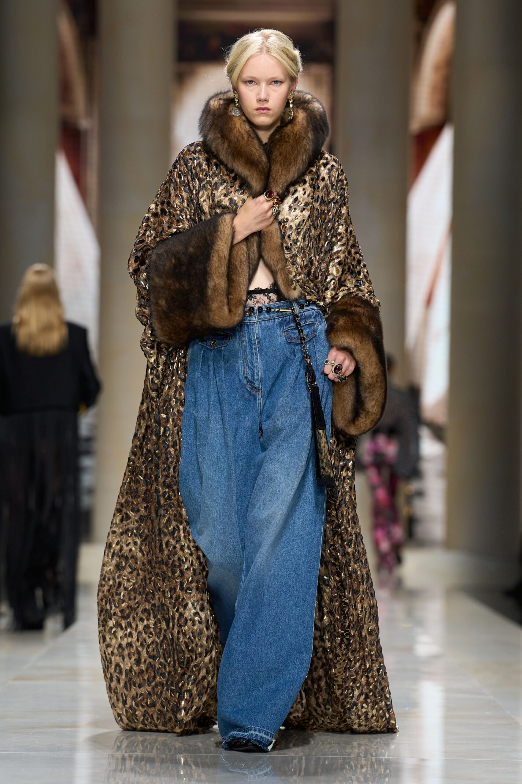leopard fur-trimmed opera coat