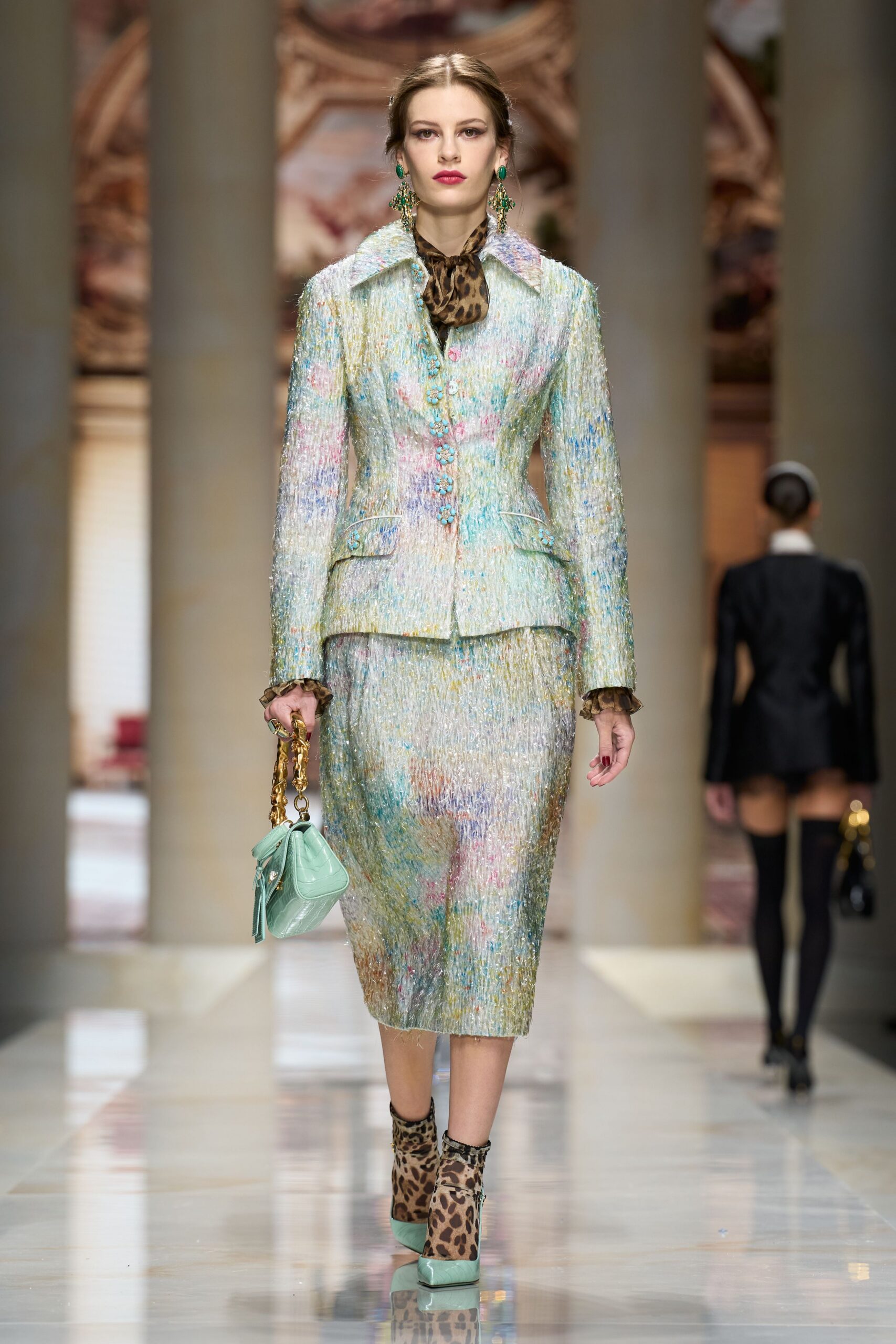 pastel tweed skirt suit