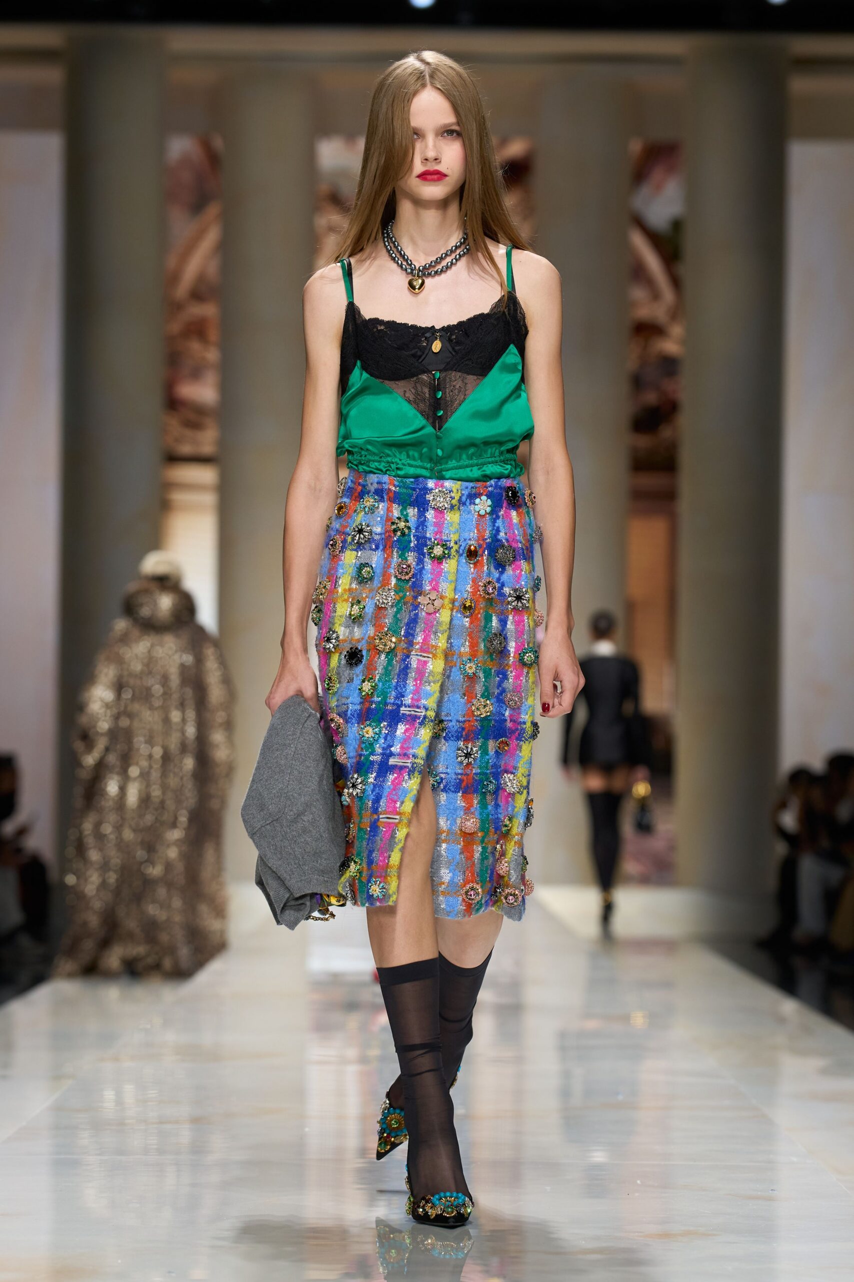 embellished checked tweed pencil skirt