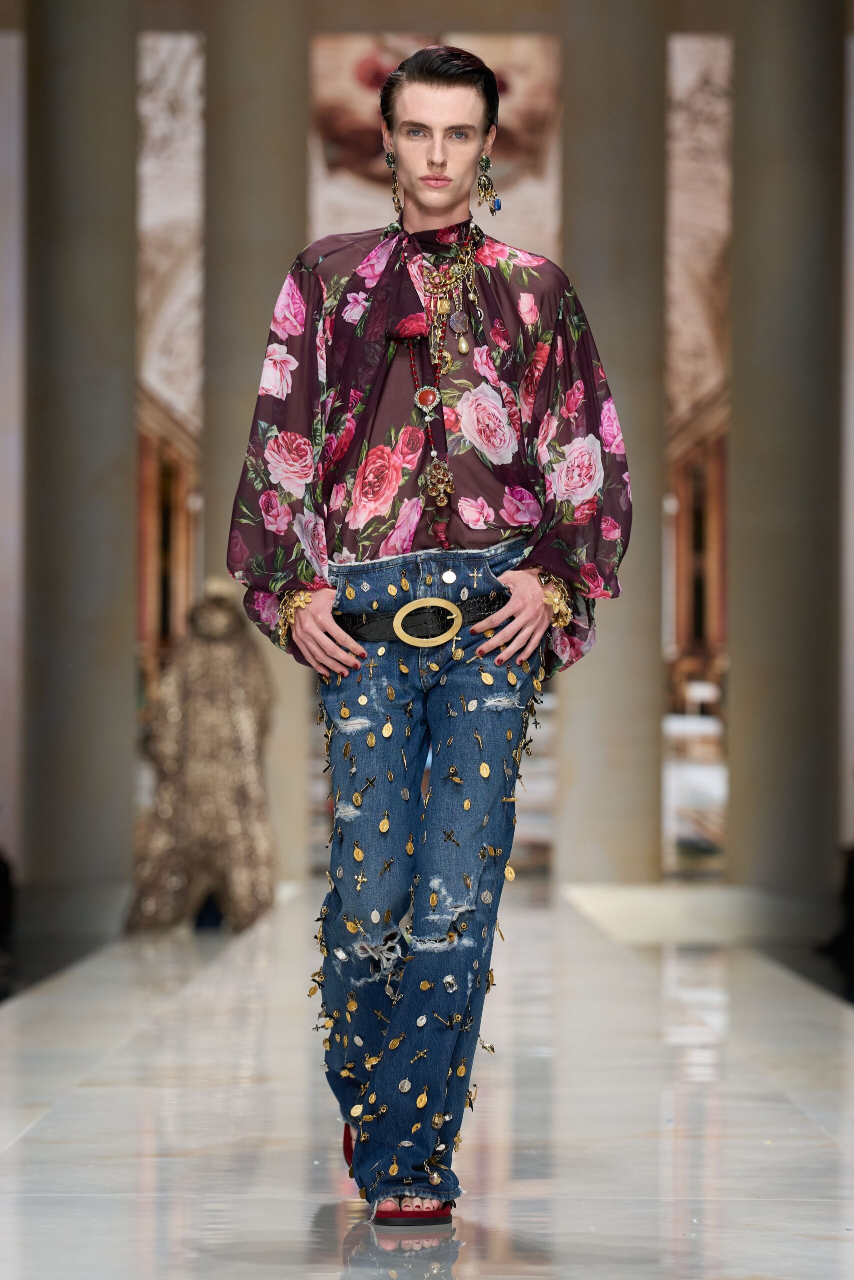 rose-print pussy-bow chiffon blouse
