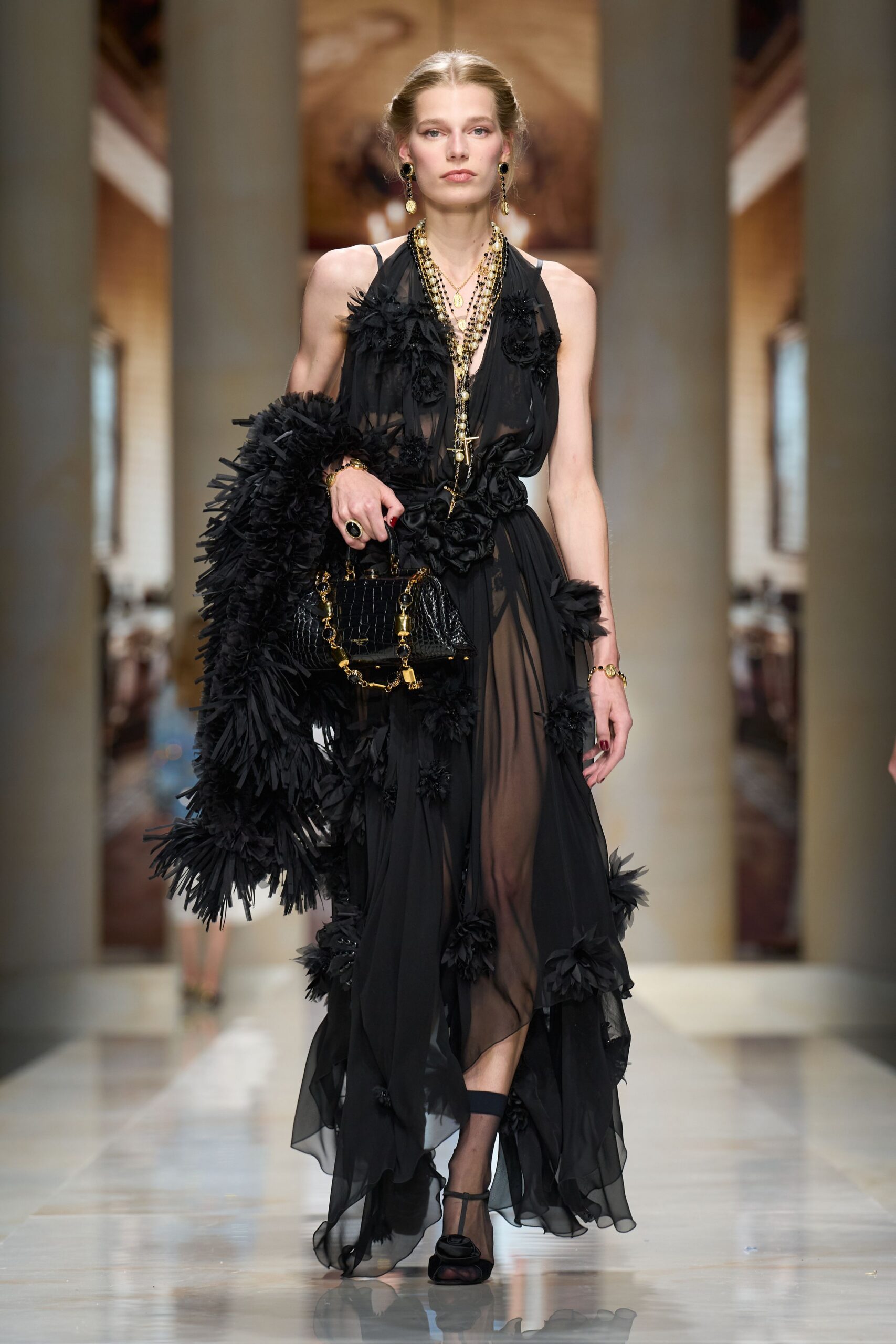 black sheer floral appliqué evening gown