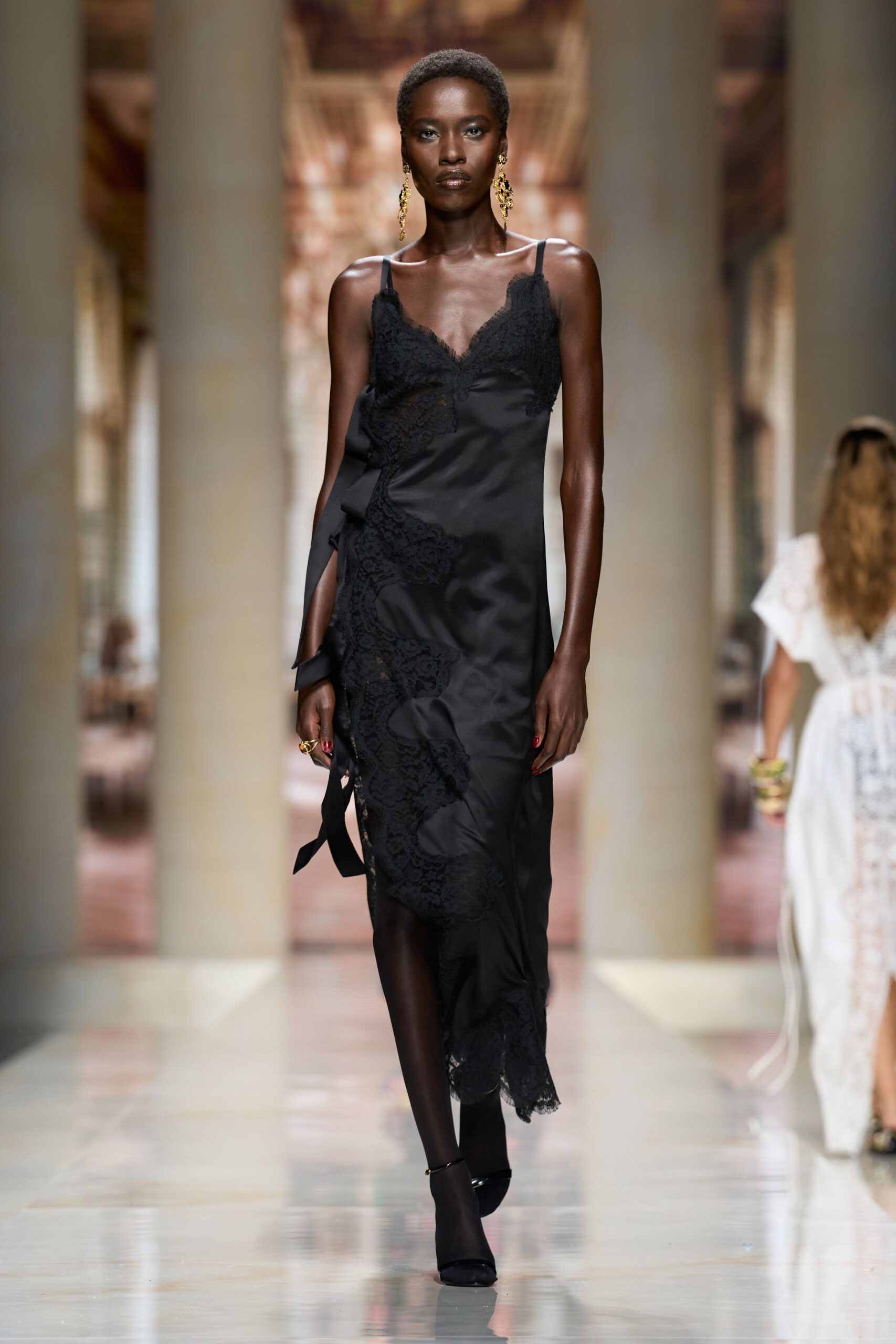 black lace-trim slip midi dress