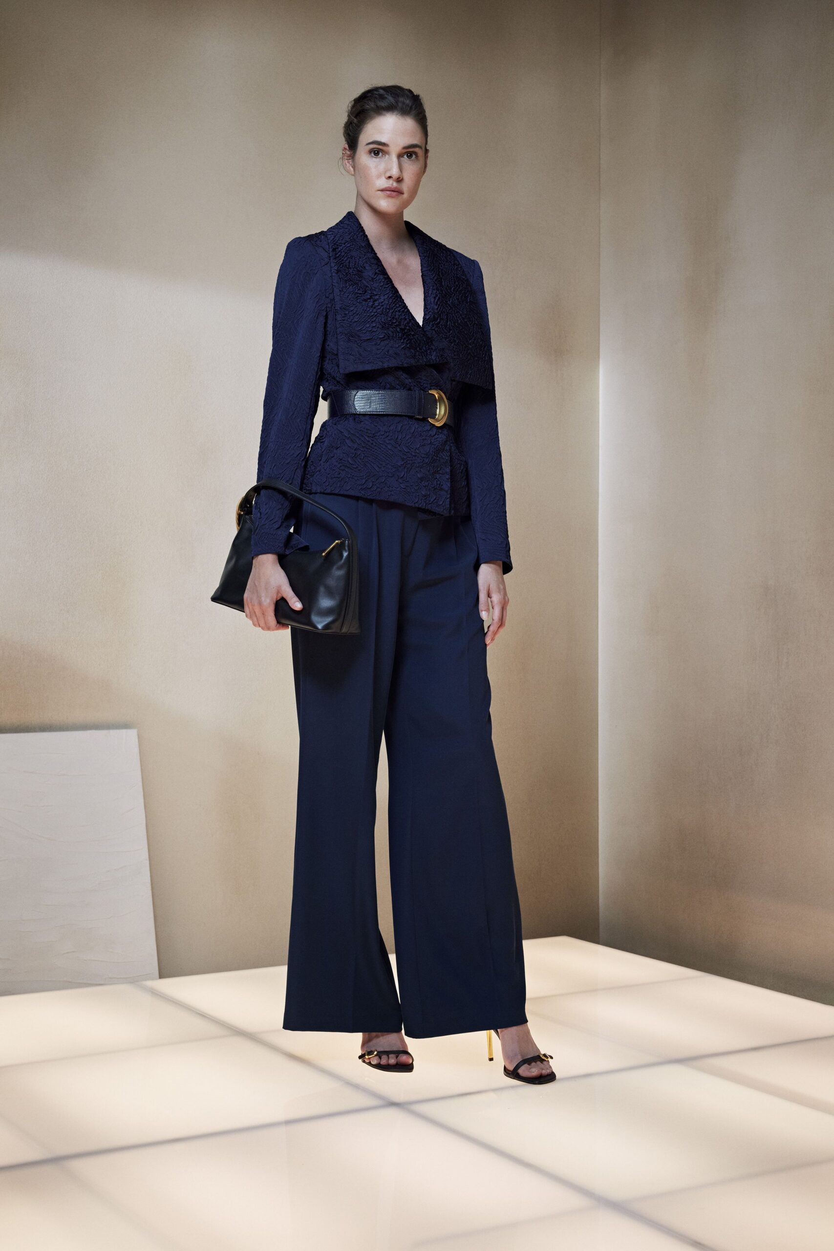 blue jacquard long-sleeve v-neck structured belted layered jacket