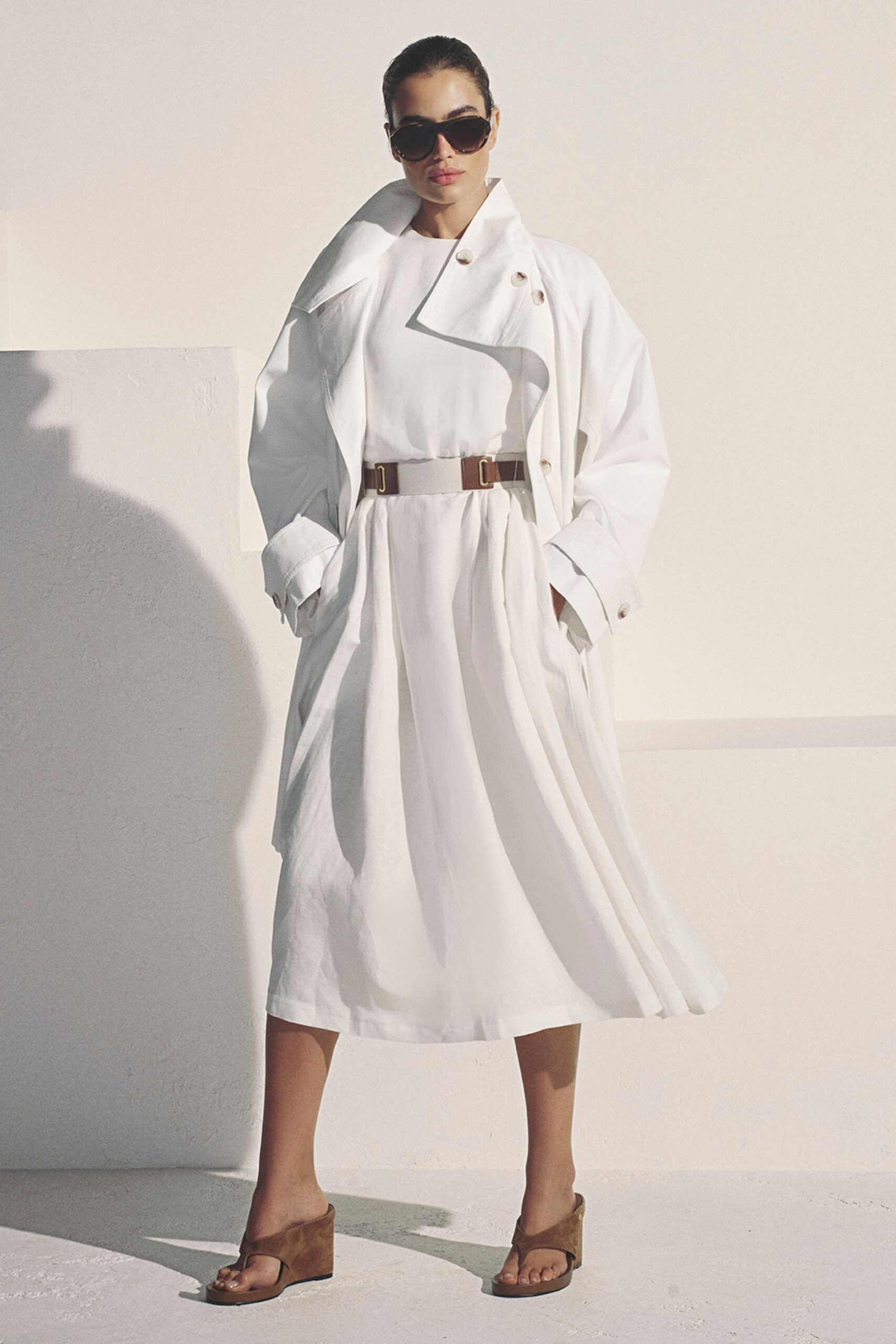 white belted midi dress