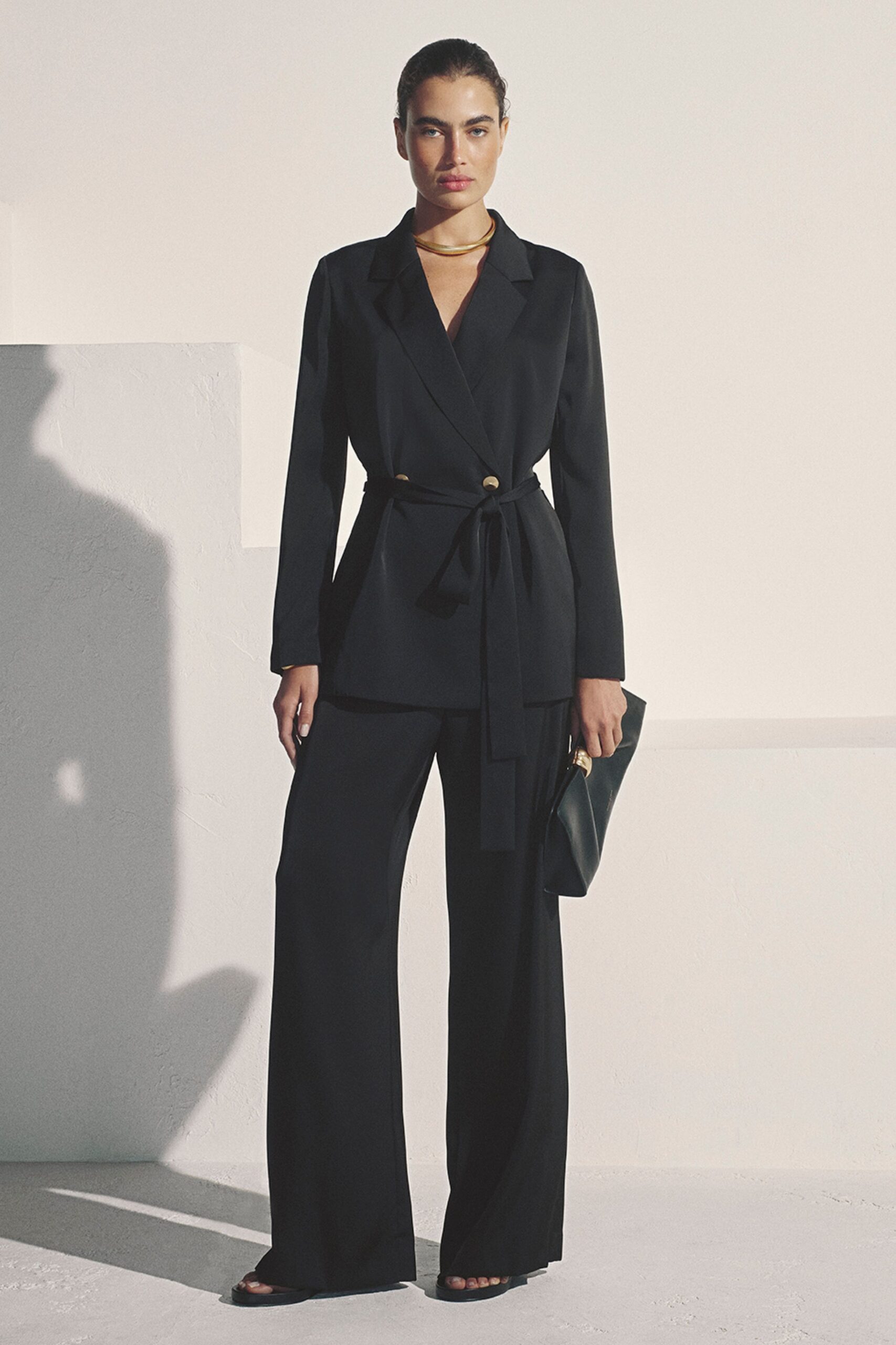 Thick gold collar sitting close against the throat. Black wrap blazer in fluid suiting, tied with a long self belt. Wide black trousers falling straight to the floor. Soft black clutch with a rounded gold frame. Flat black sandals, toes exposed at the hem. For slipping into a hotel bar before the wedding crowd arrives.