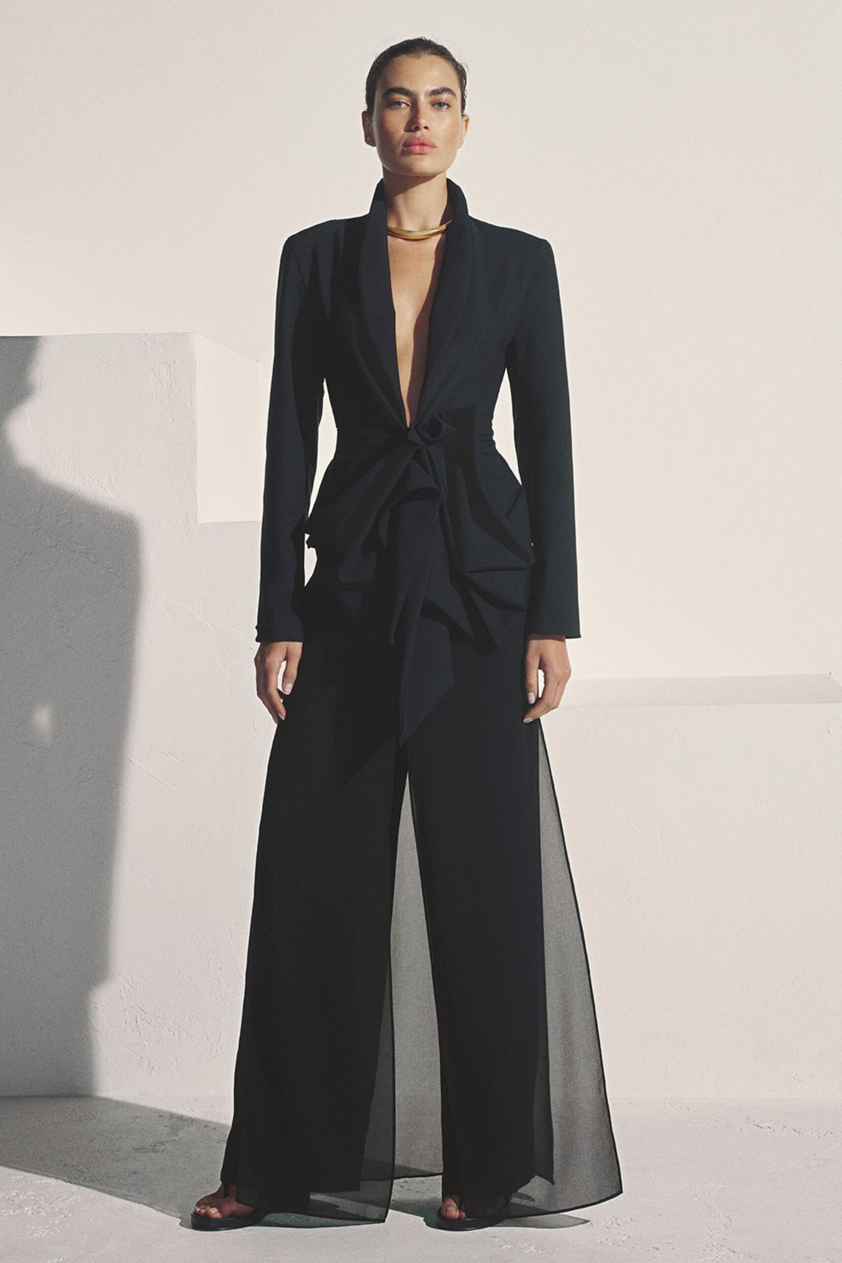 Brushed gold collar sitting close above the collarbones. Black crepe jumpsuit with a plunging shawl lapel and knotted waist flounce. Sheer black chiffon panels falling from the hips between the legs. Flat black sandals, toes left bare. Sun on a white courtyard wall, just before the ceremony starts.