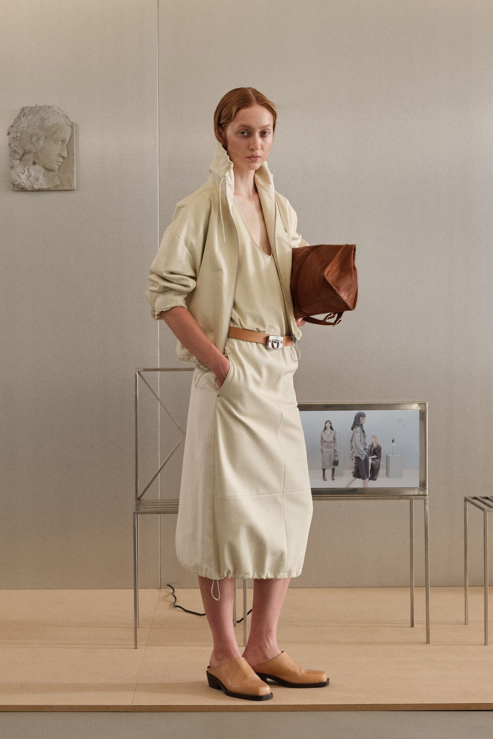 ivory leather bubble-hem midi dress
