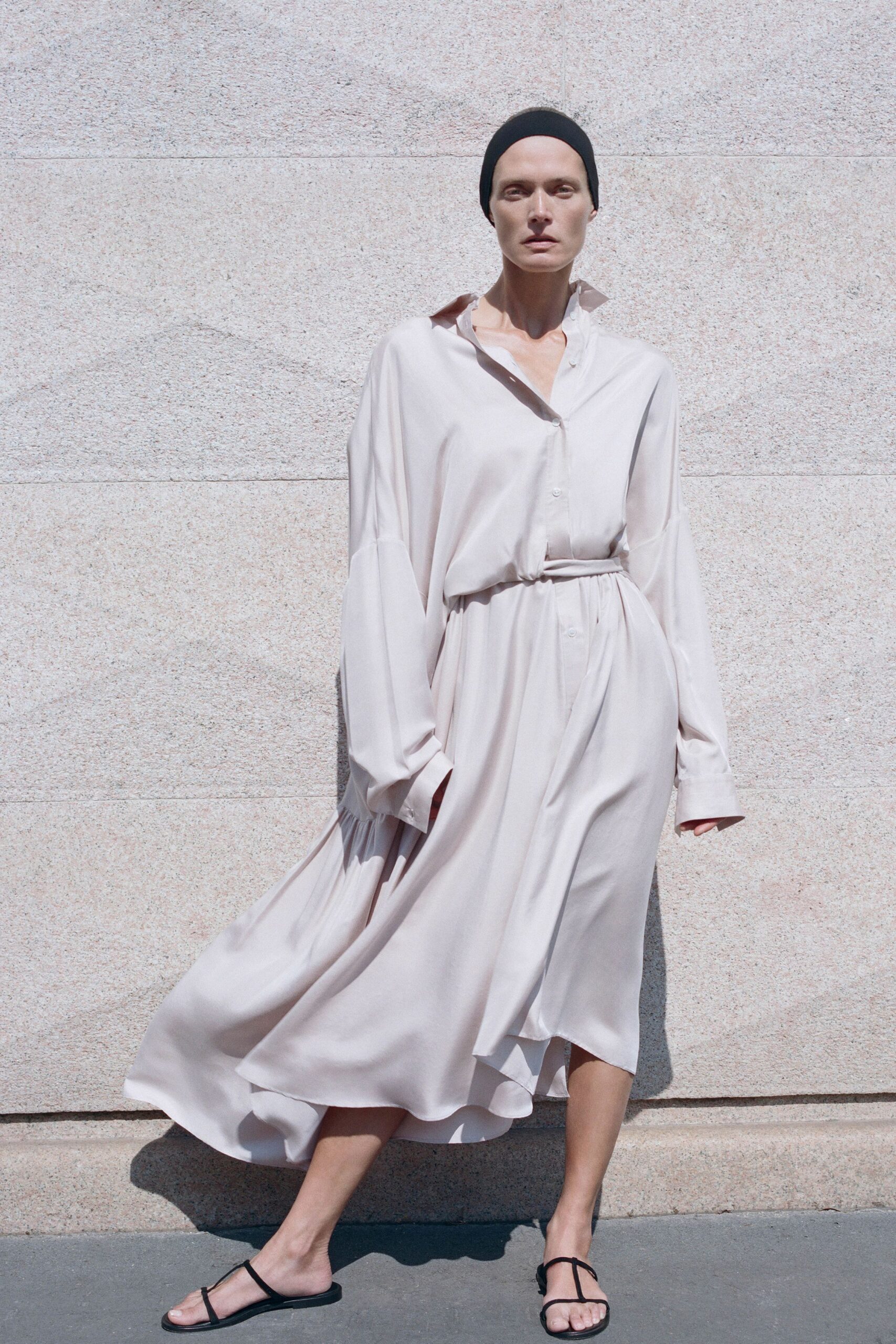 ivory silk belted shirt dress