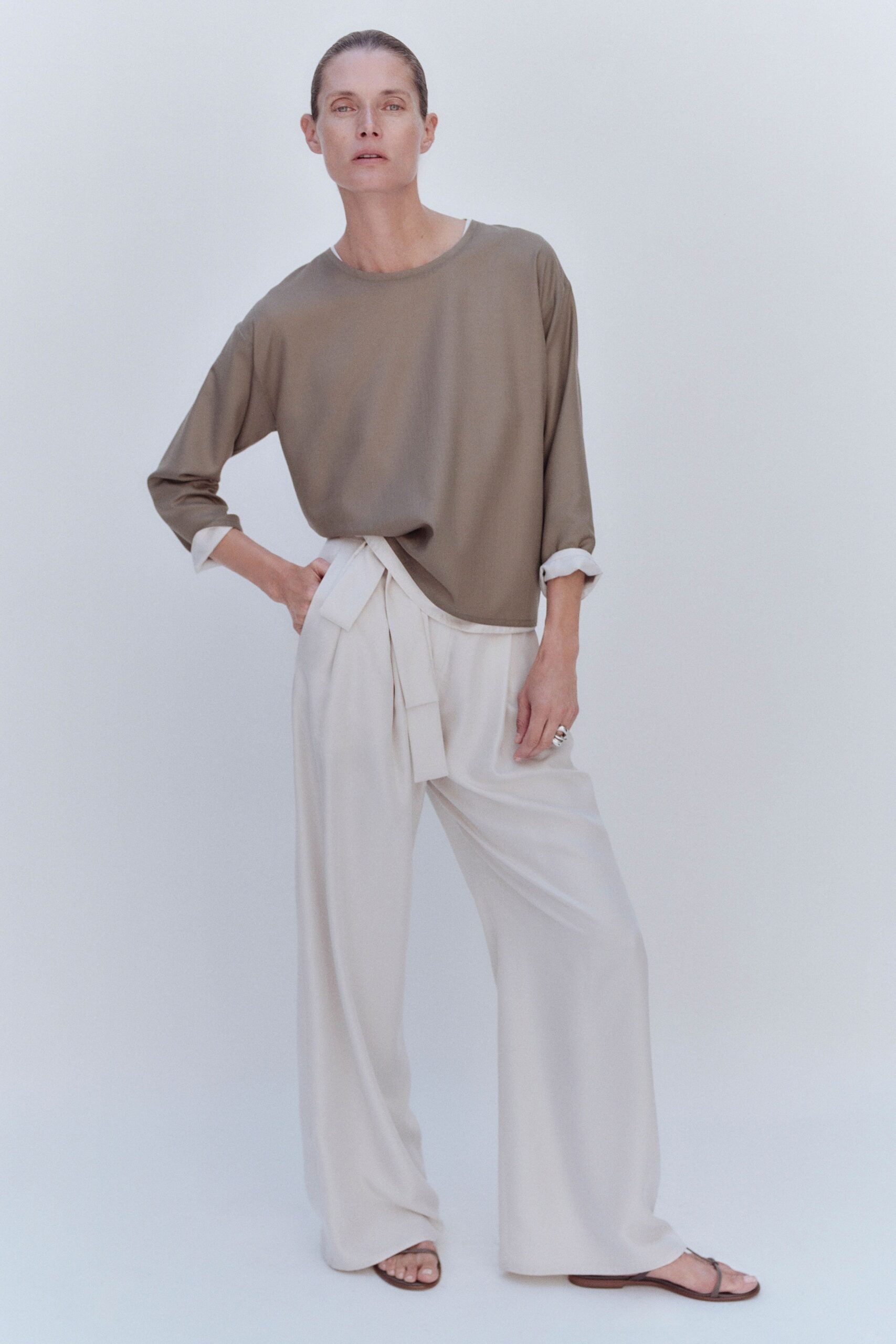 wide-leg ivory tie-waist trousers