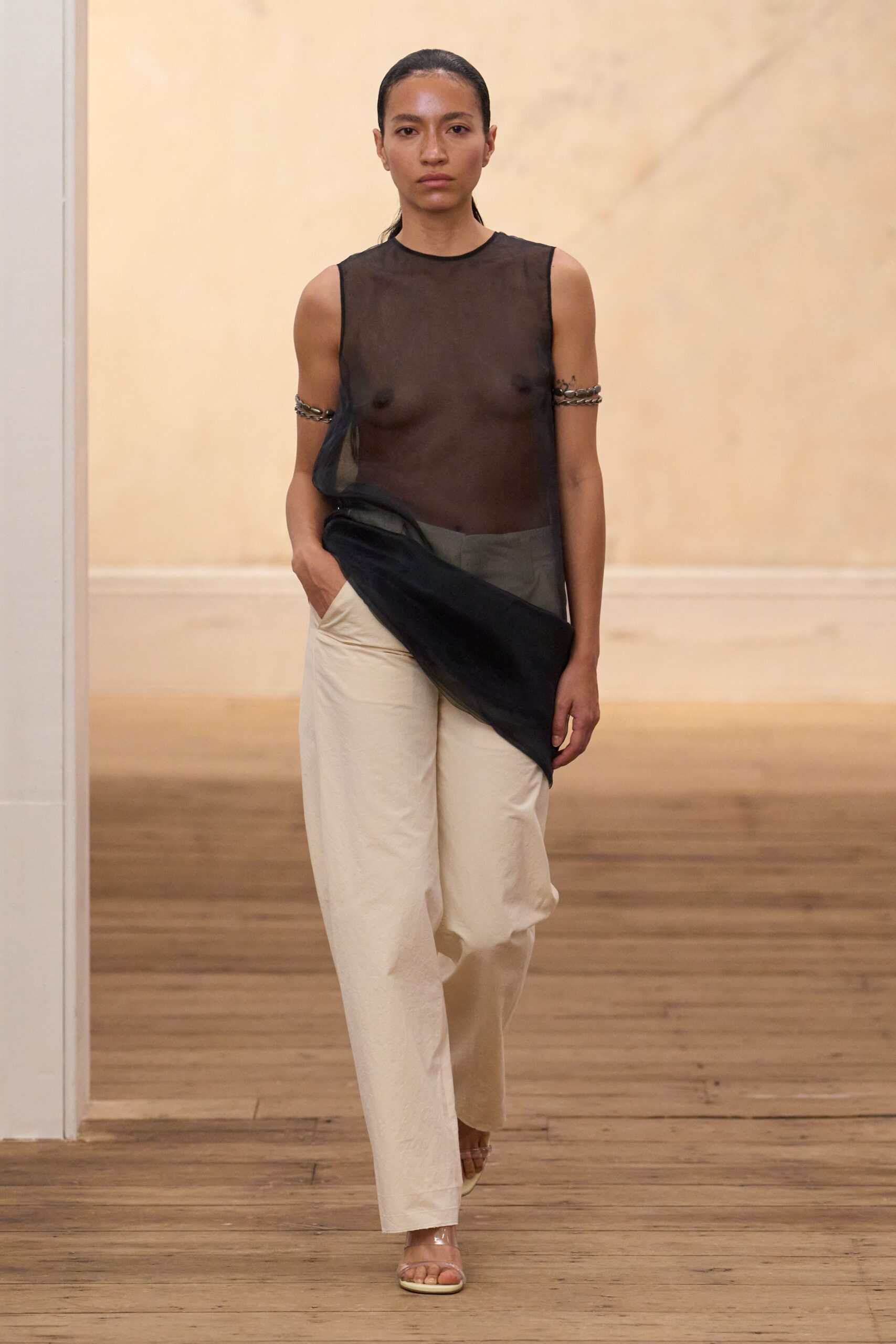 sheer asymmetric draped black top