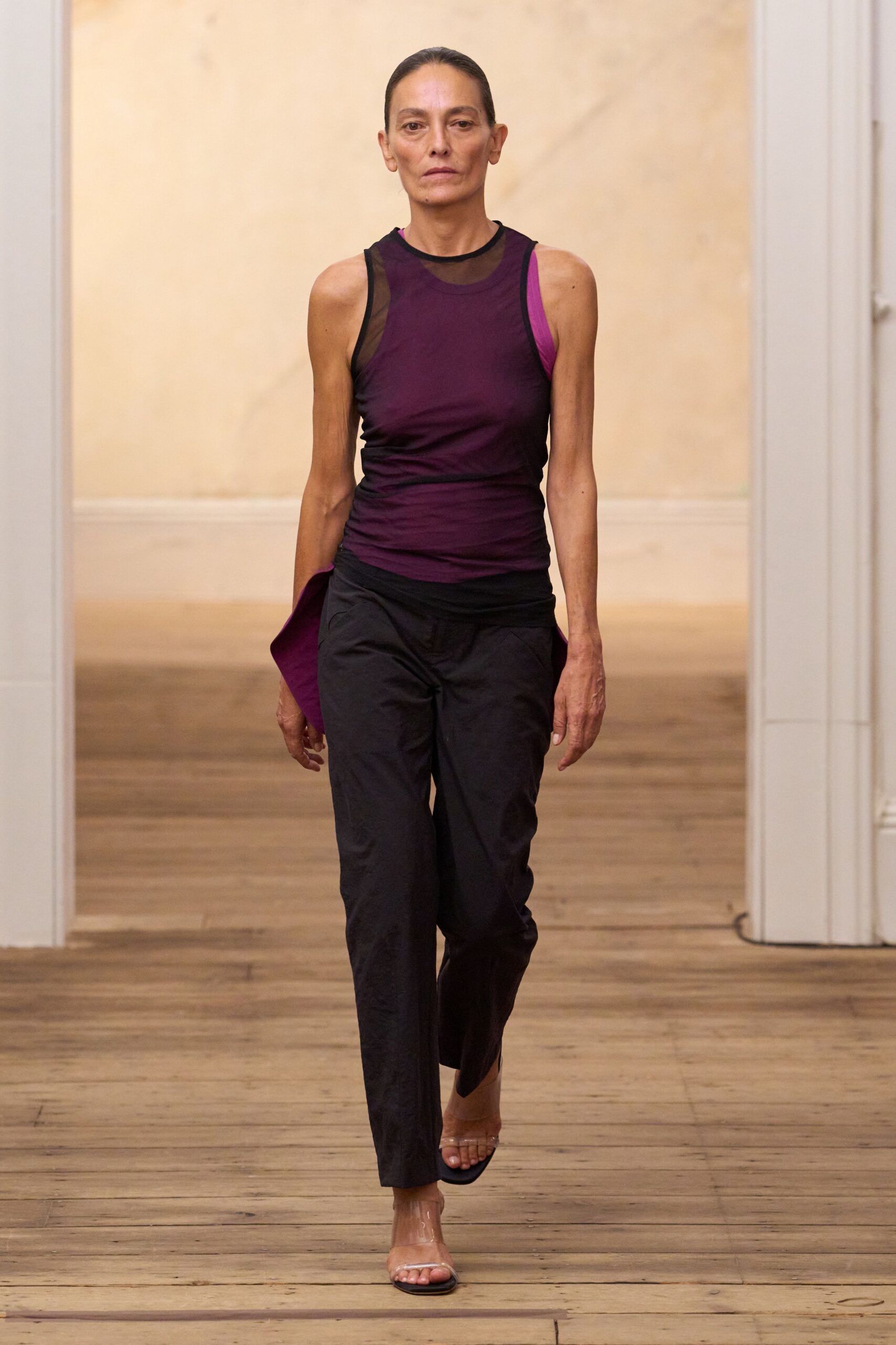 sheer mesh yoke purple tank top