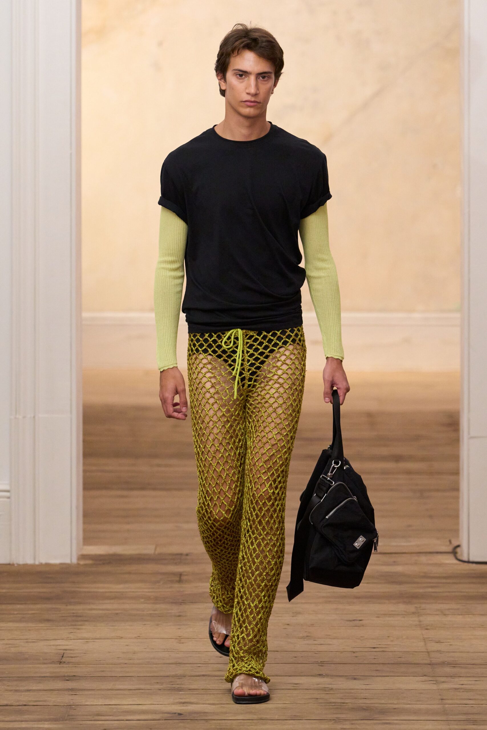 yellow net crochet trousers