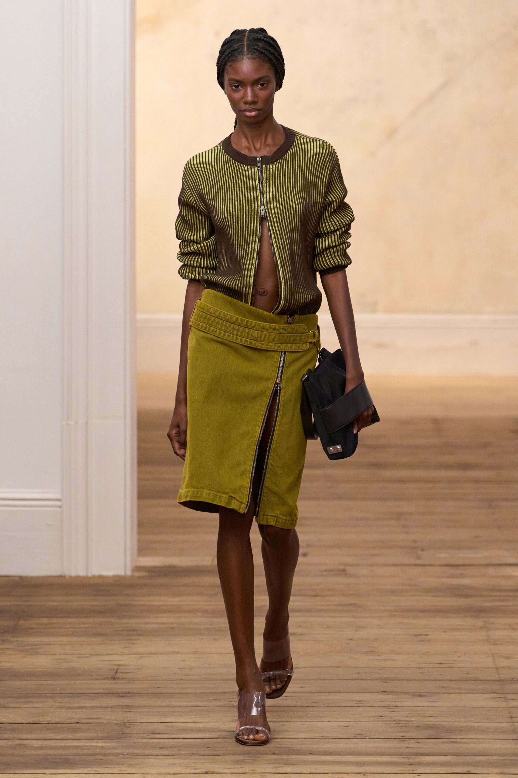 olive zip-front wrap midi skirt