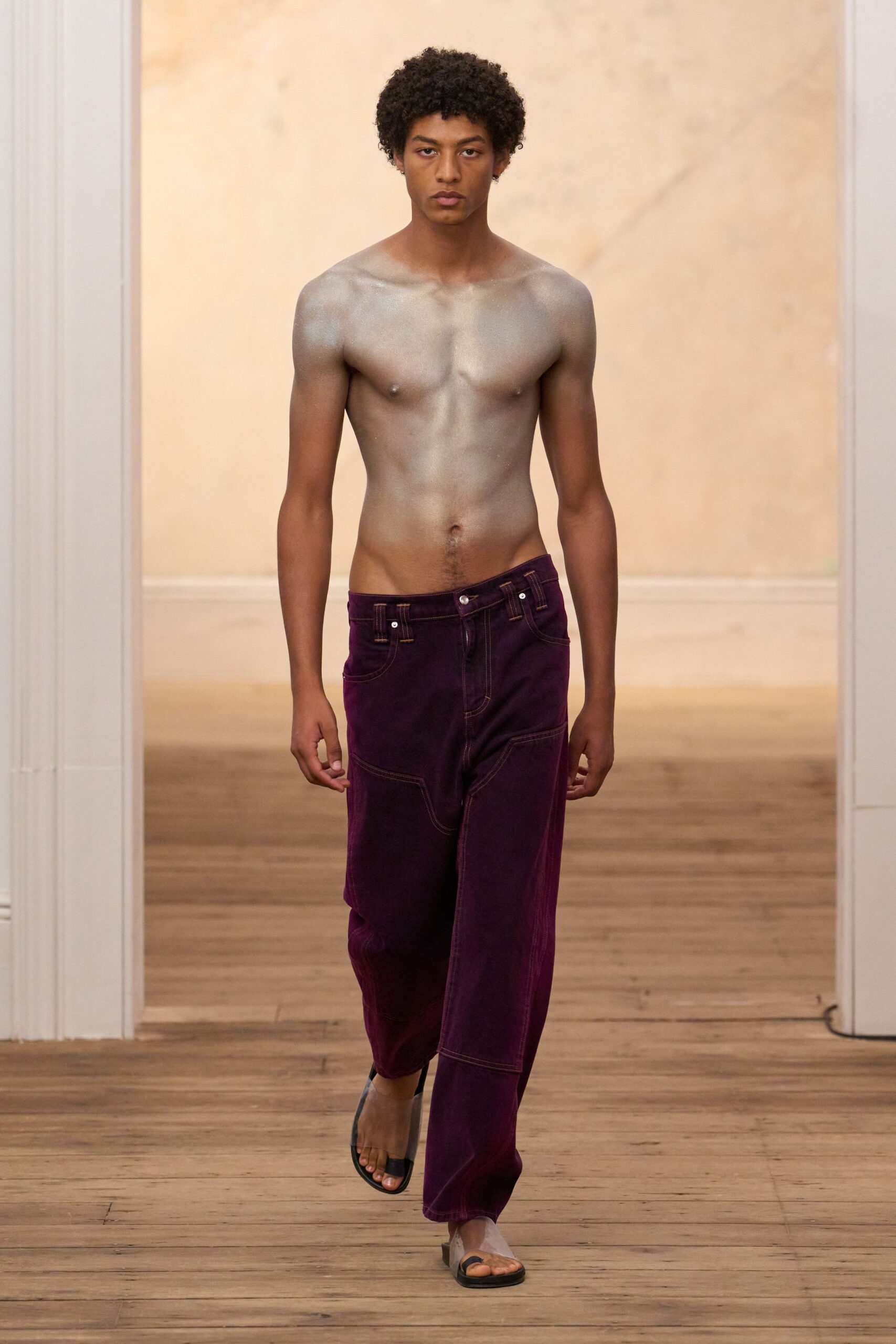 low-slung purple carpenter trousers