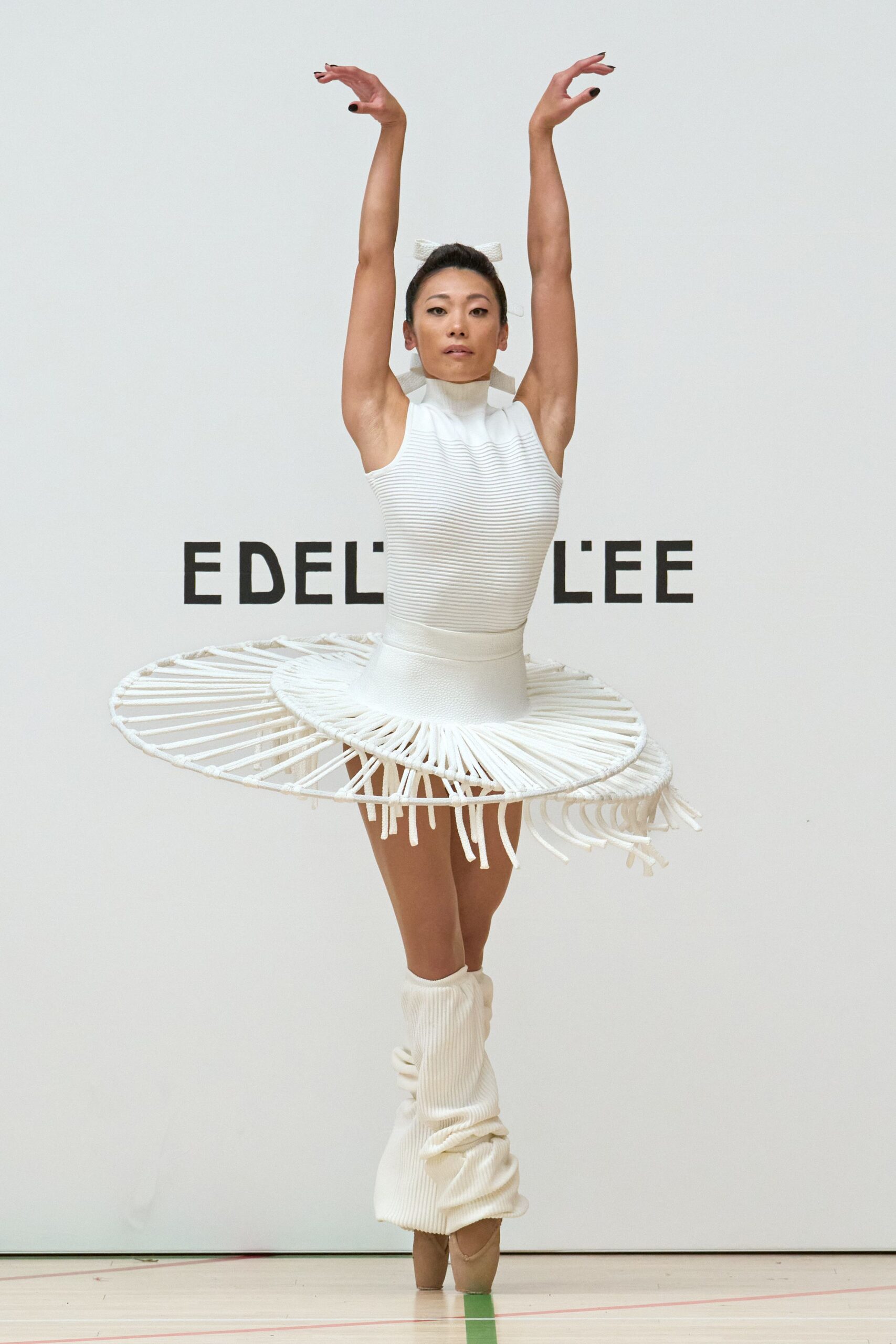white sculptural hoop mini dress