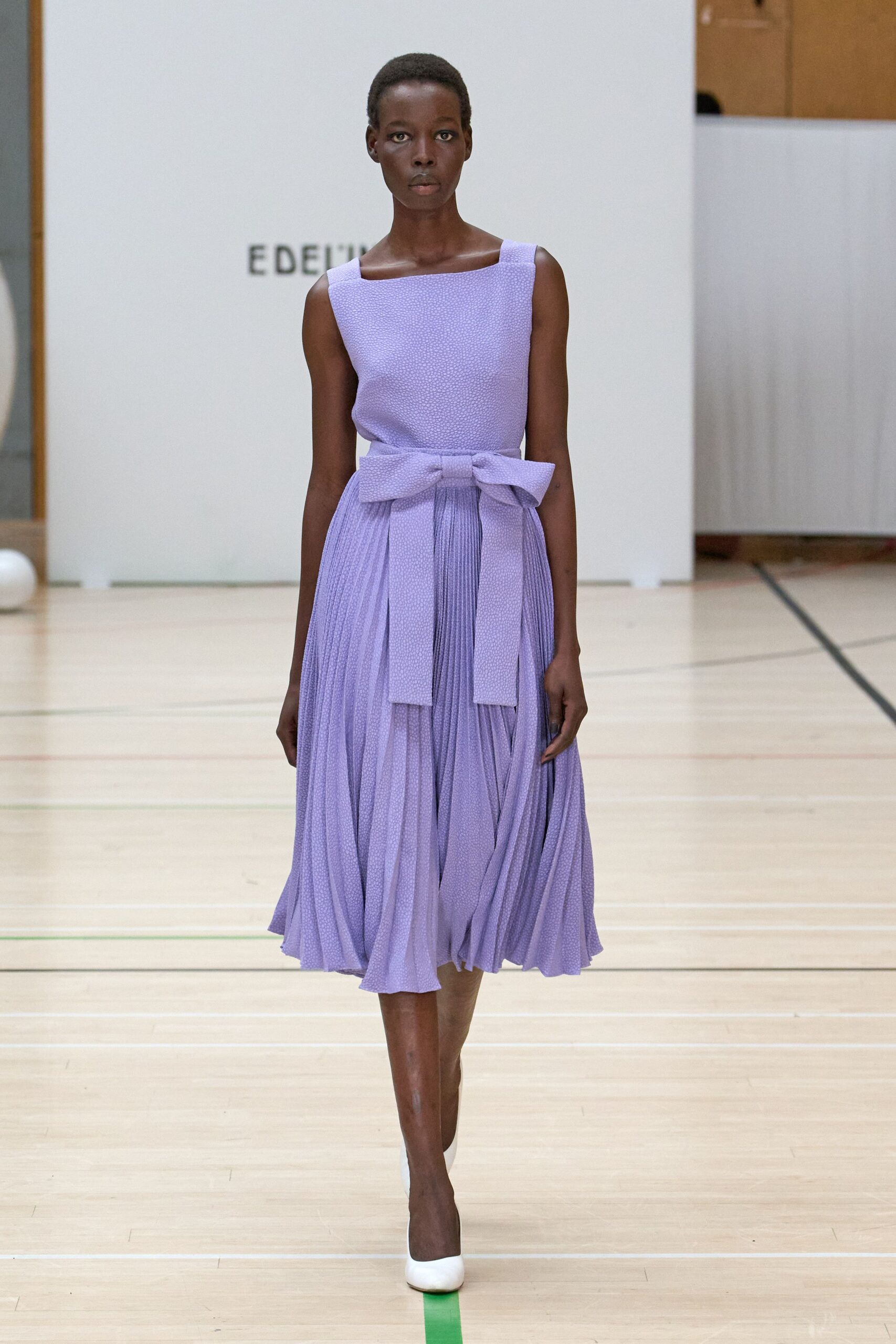 lavender pleated bow-waist midi dress
