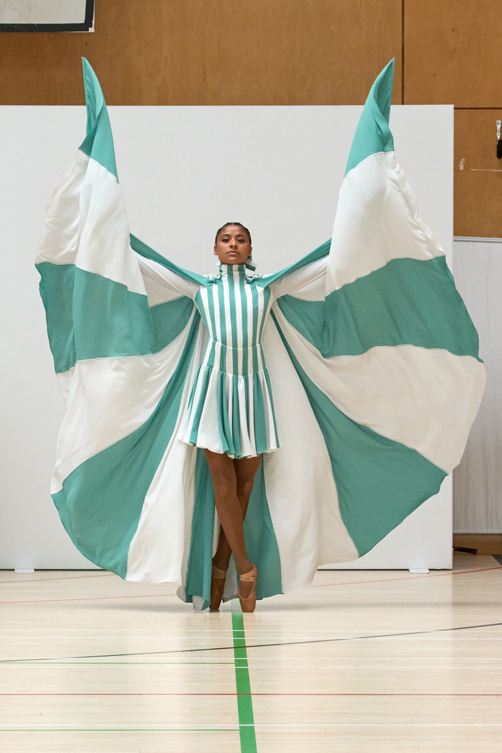 striped wing-sleeve chiffon mini dress