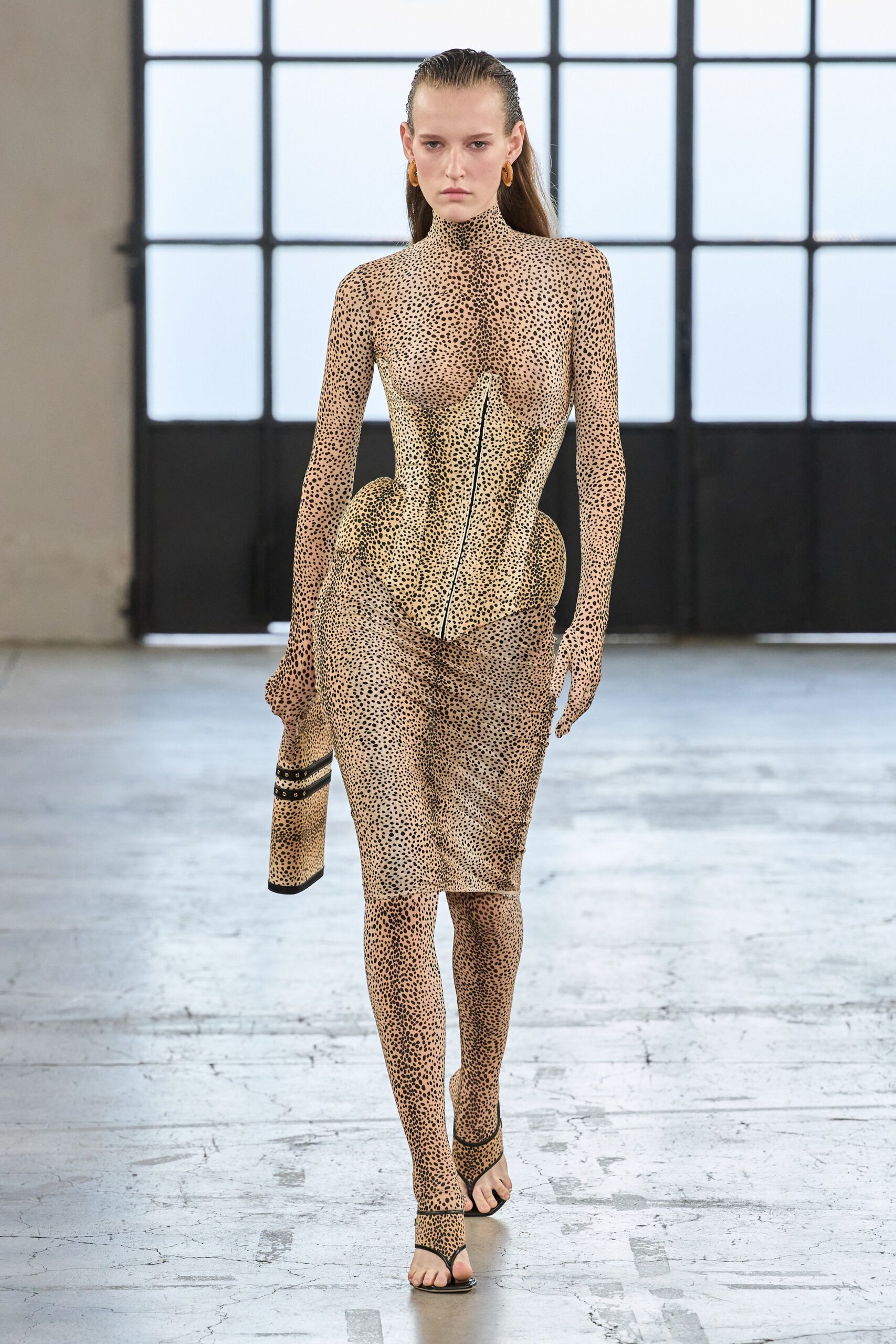 beige mesh long-sleeve high-neck fitted animal-print ruched dress