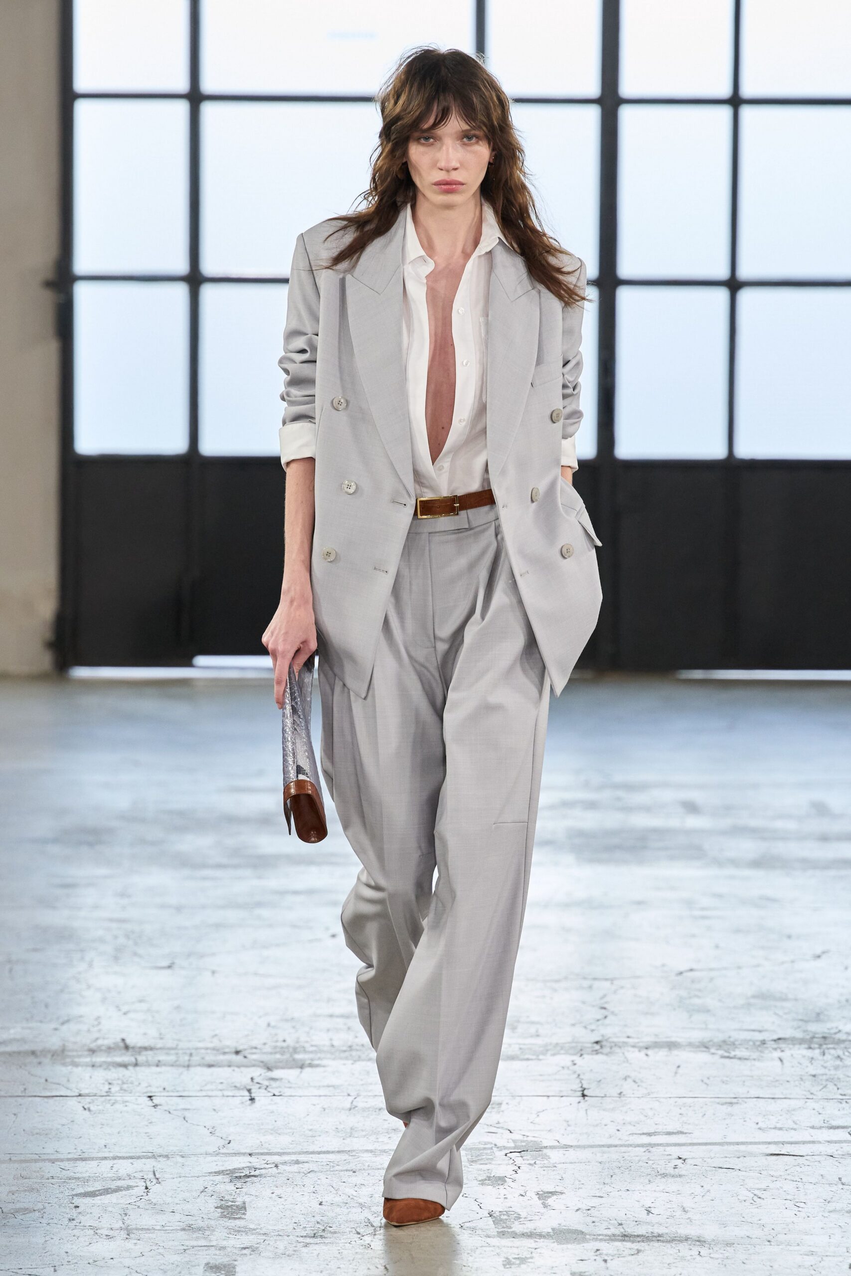 oversized double-breasted gray blazer