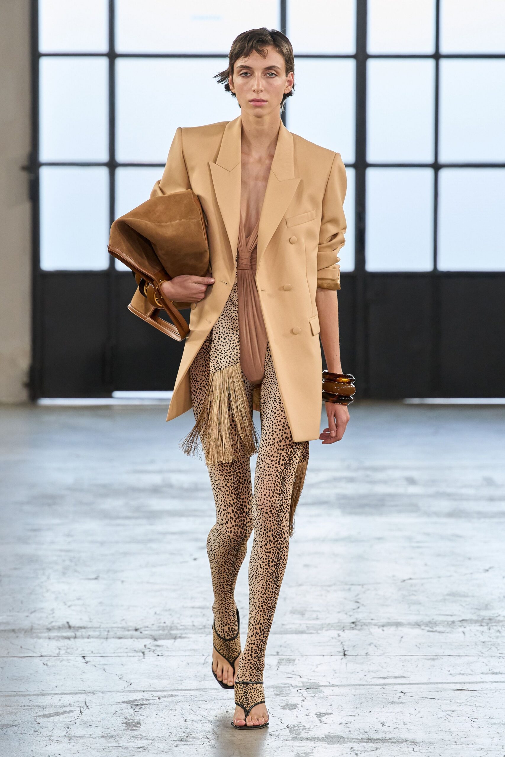cheetah-print tights with beige blazer