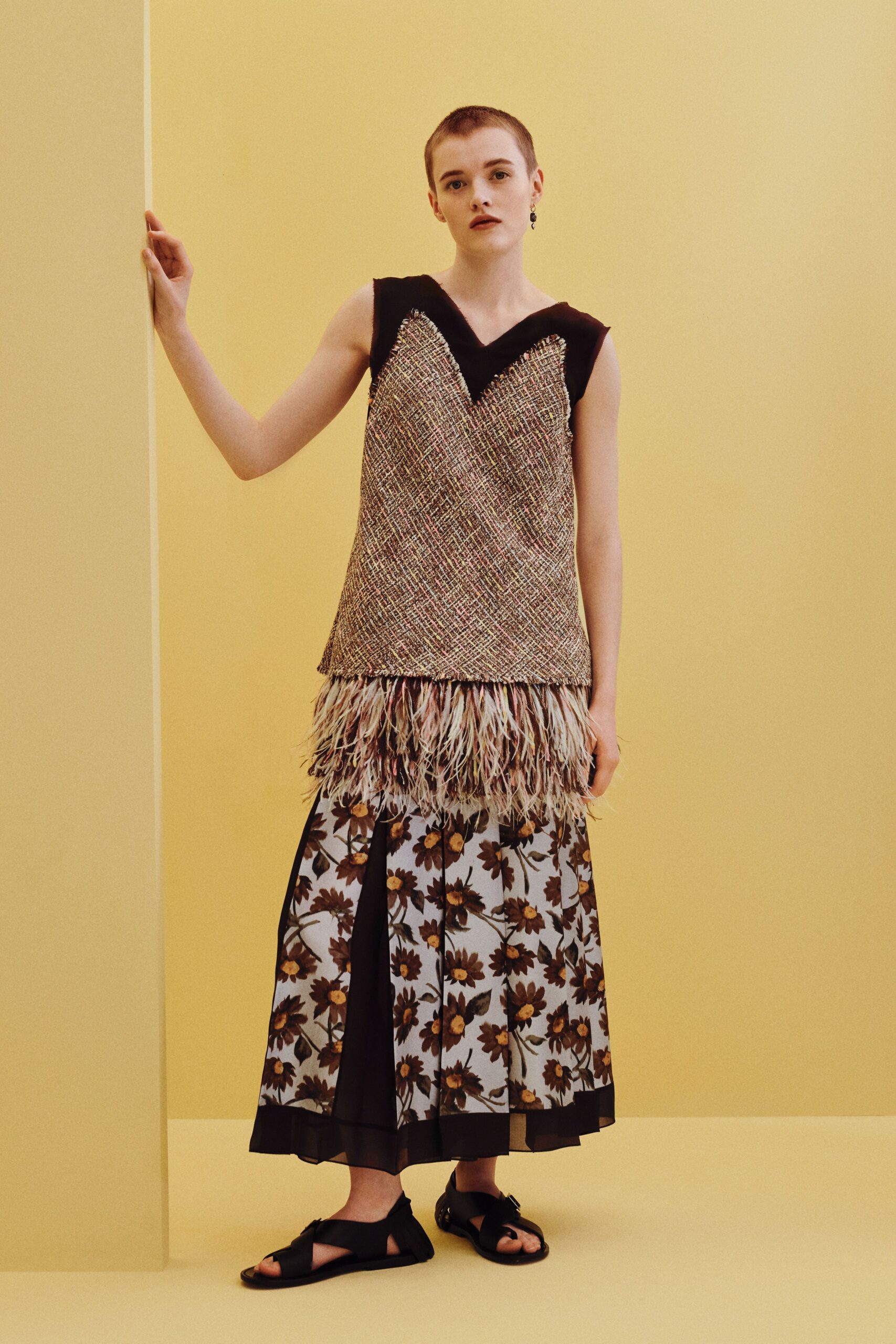 feather-hem tweed shell top
