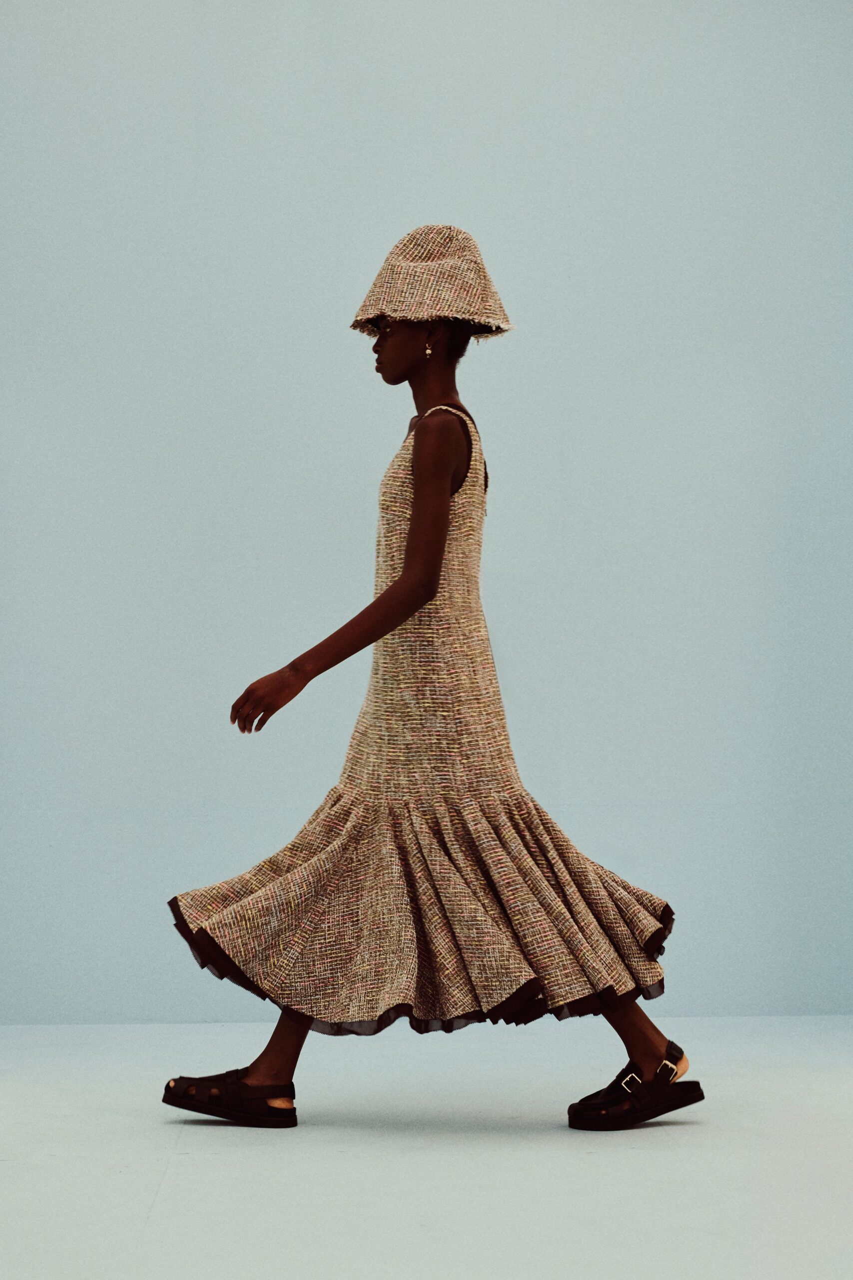textured tweed drop-waist maxi dress