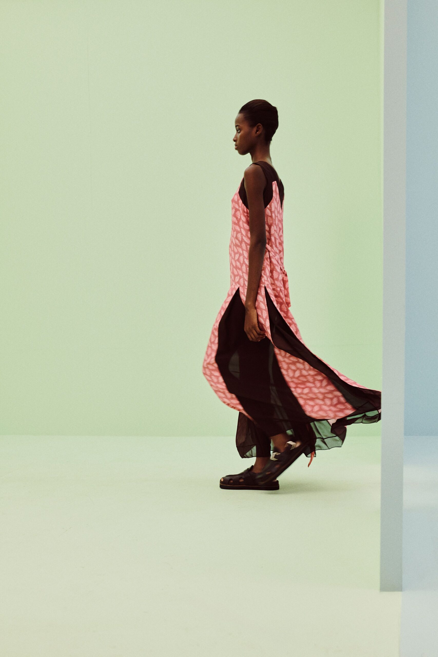 pink printed chiffon overlay dress