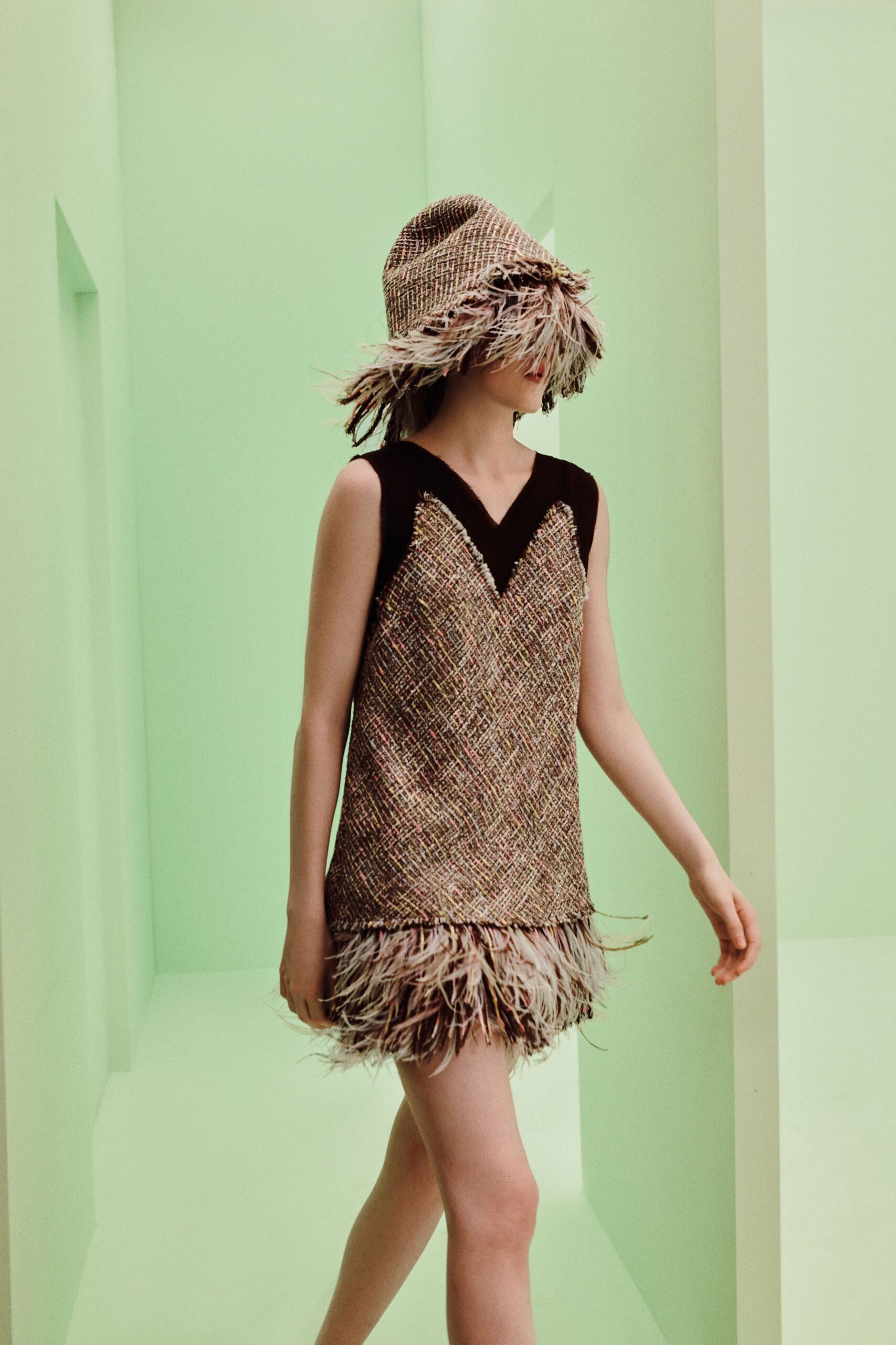 feather-trim tweed mini dress