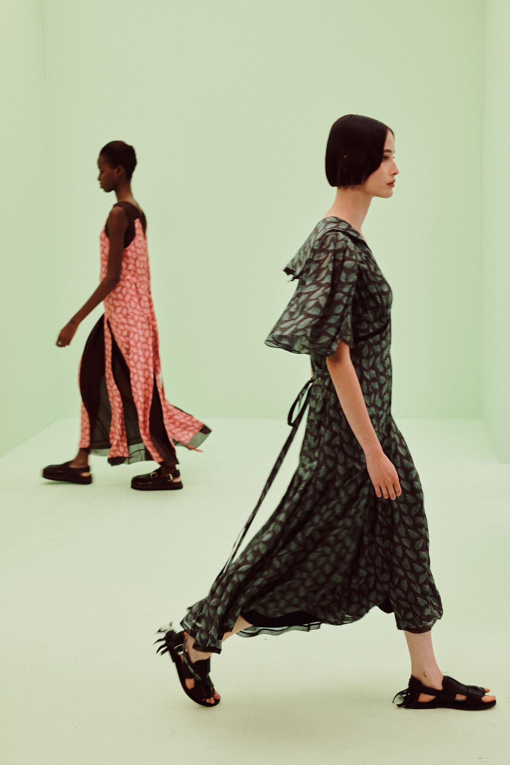 green chiffon v-neck short-sleeve printed sheer flowing maxi-dress