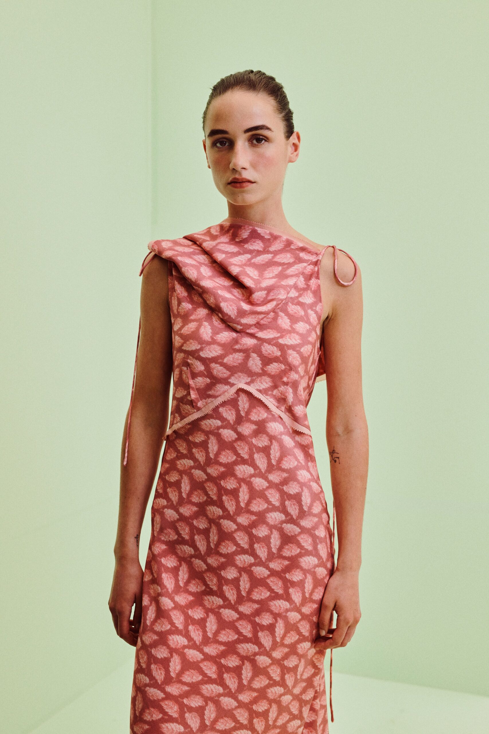 pink leaf motif draped maxi dress