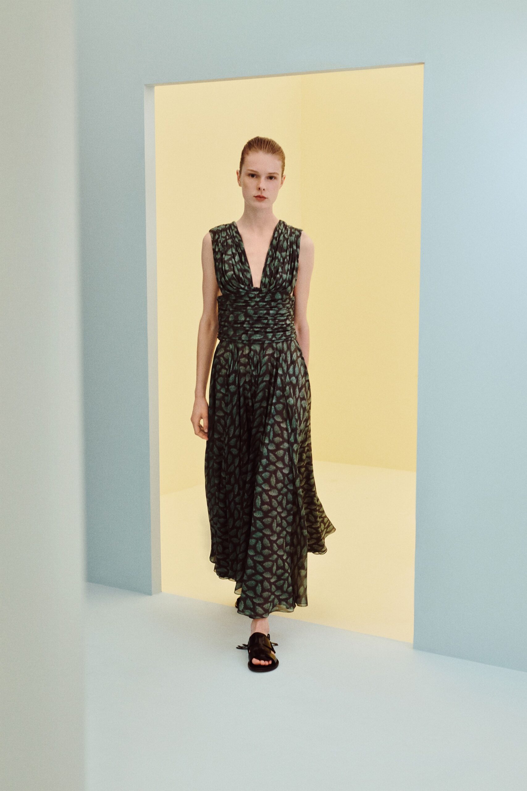 green chiffon sleeveless v-neck printed ruched maxi-dress