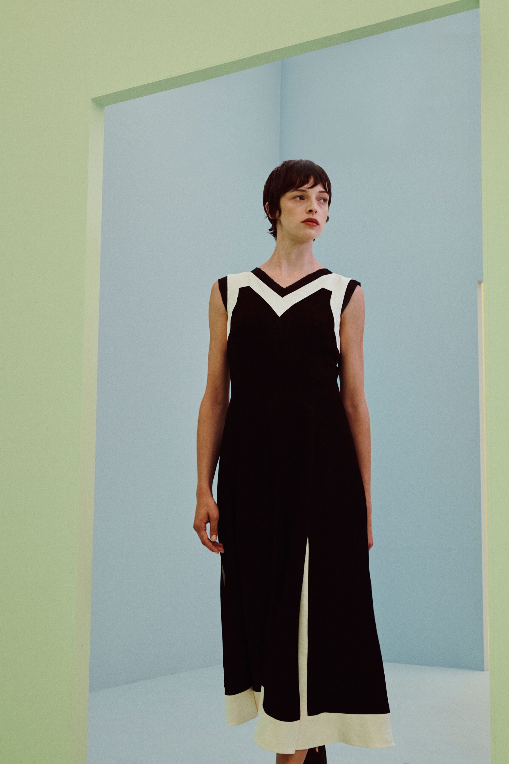 black and white color-block maxi dress
