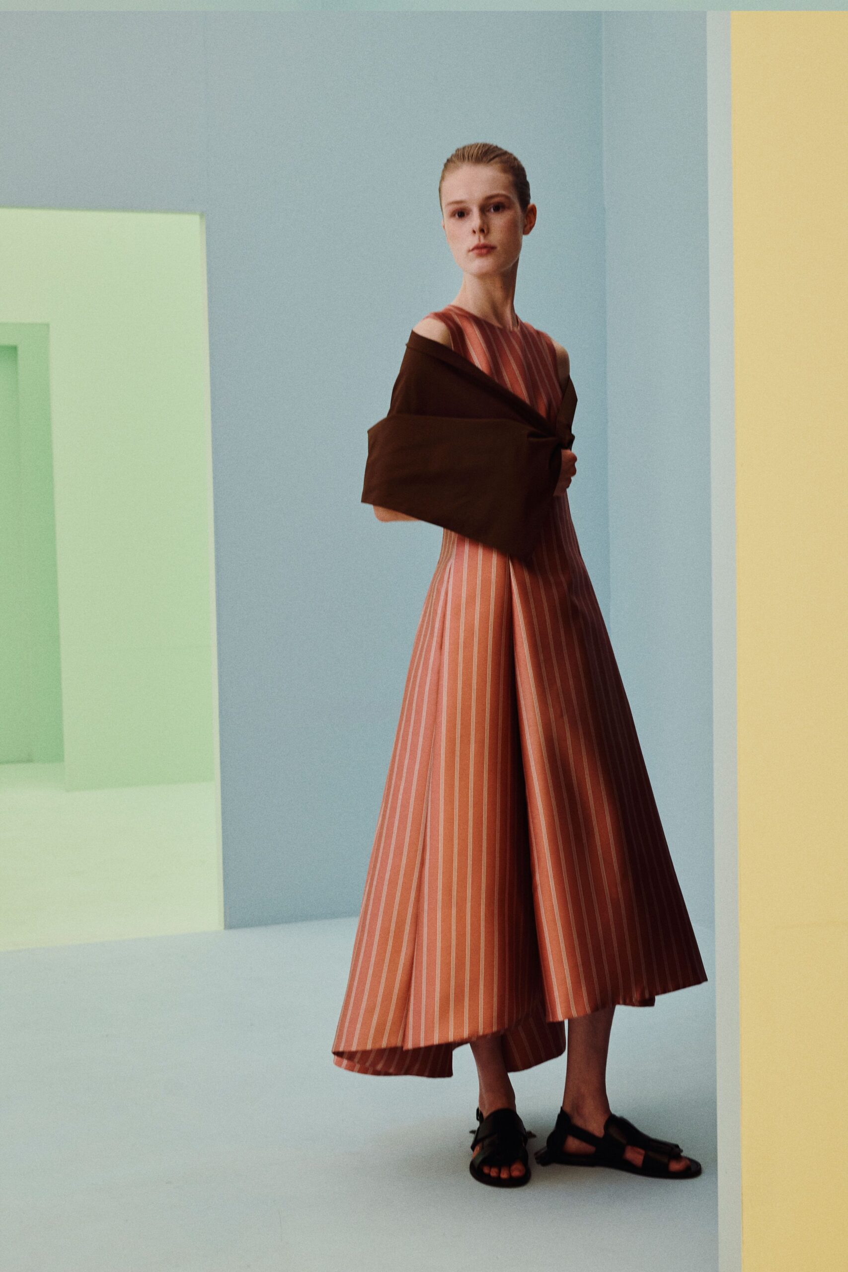 striped A-line midi dress