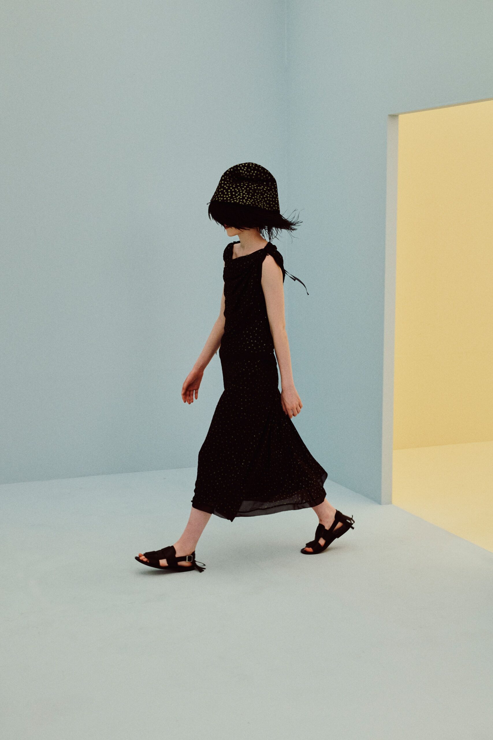 black dotted midi slip dress