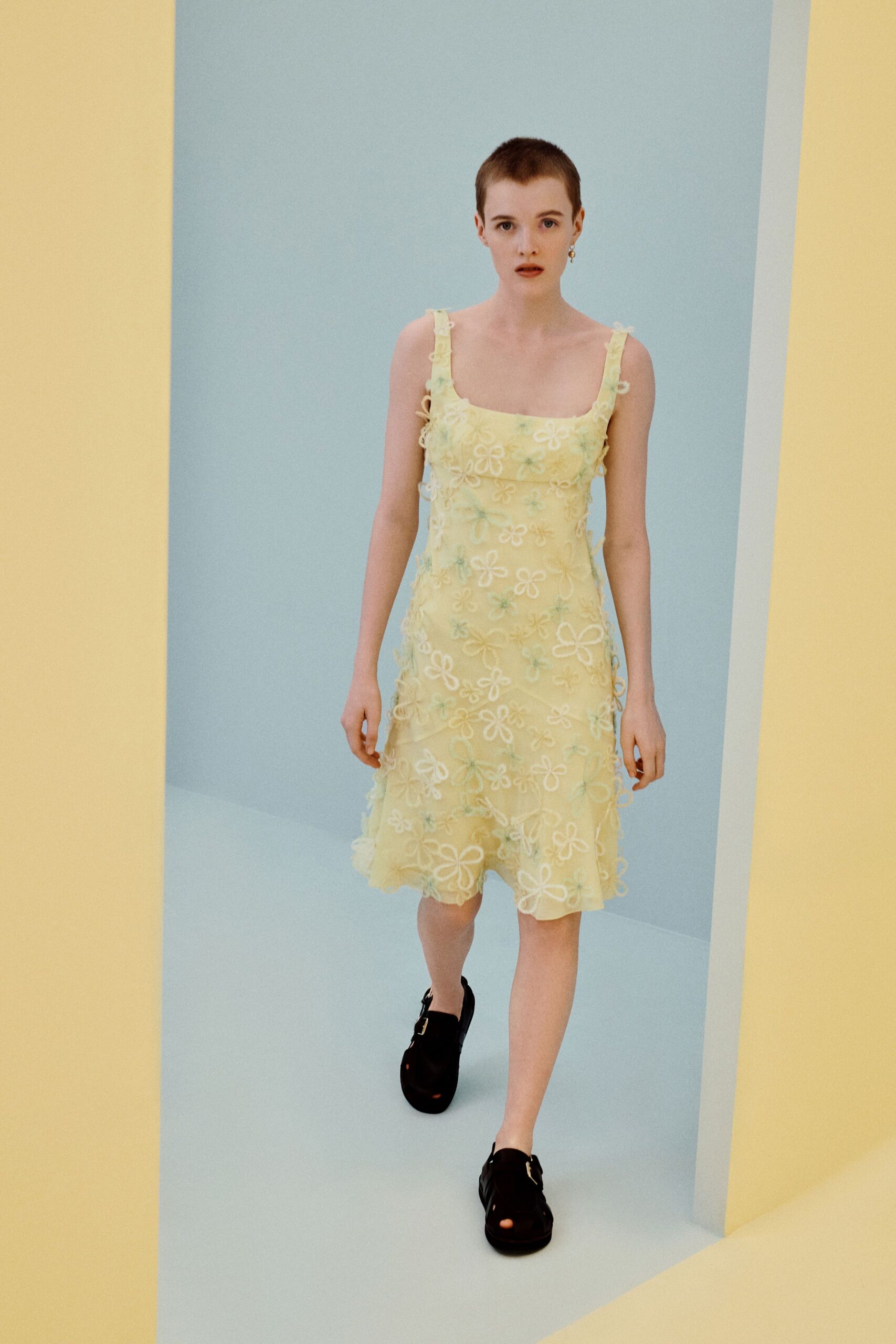 yellow floral applique slip dress