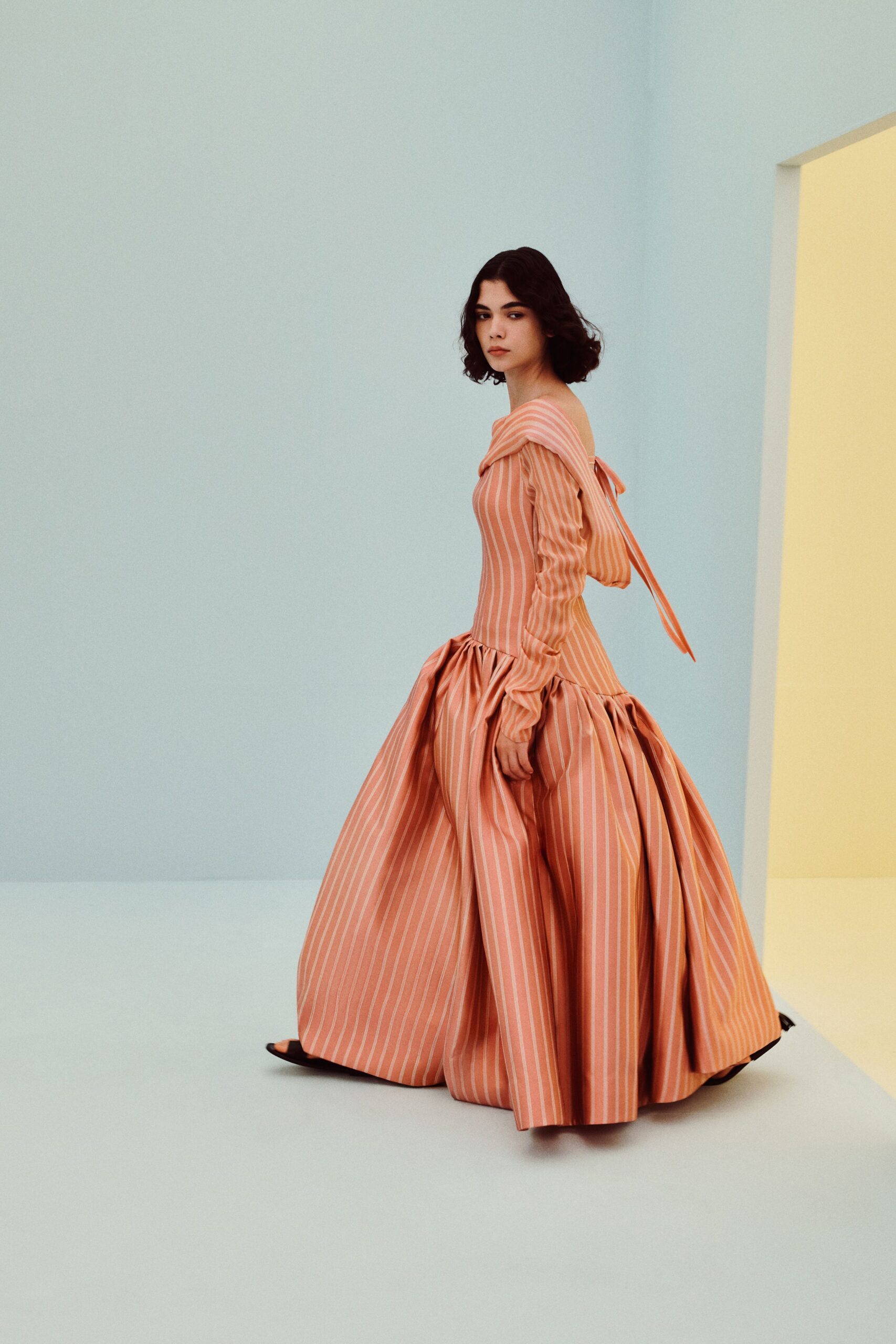 striped off-shoulder drop-waist ball gown
