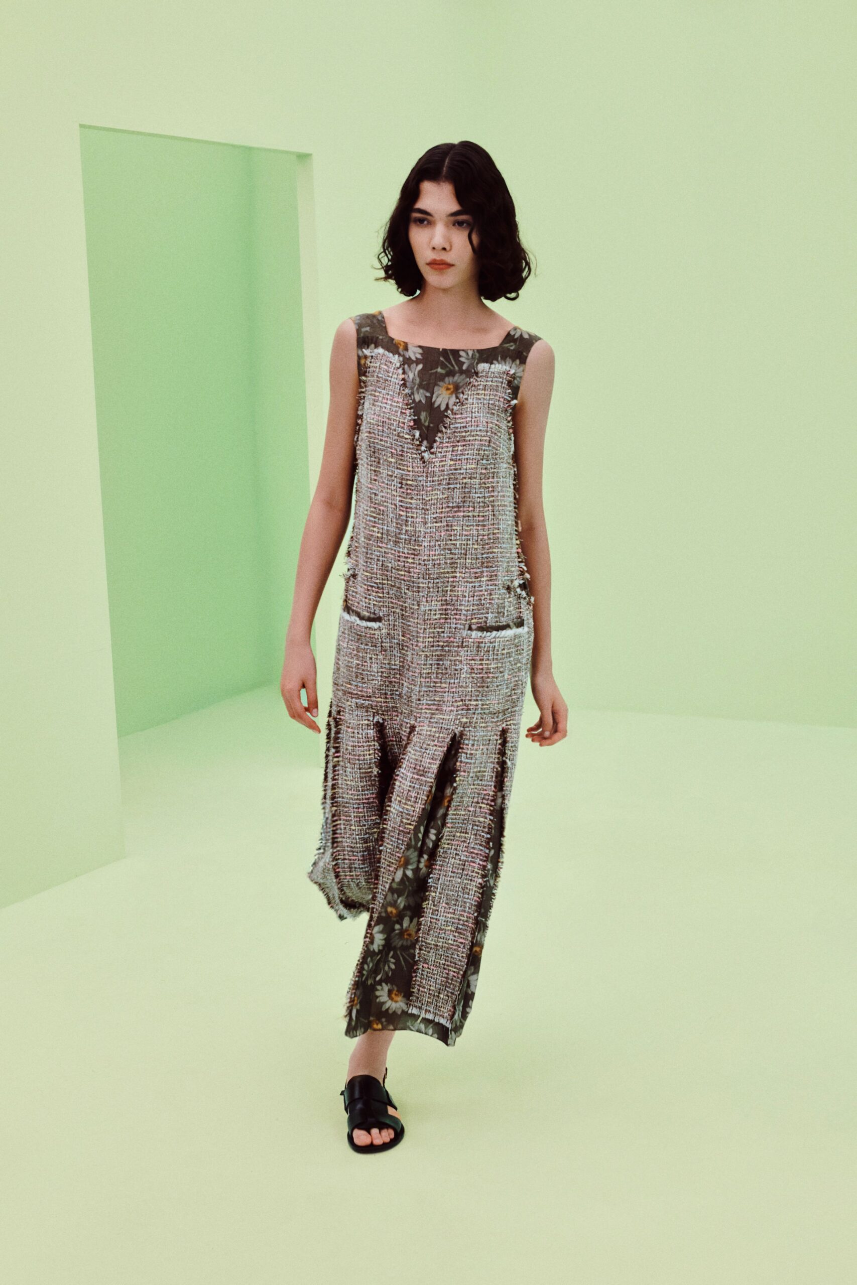 floral panel tweed maxi dress