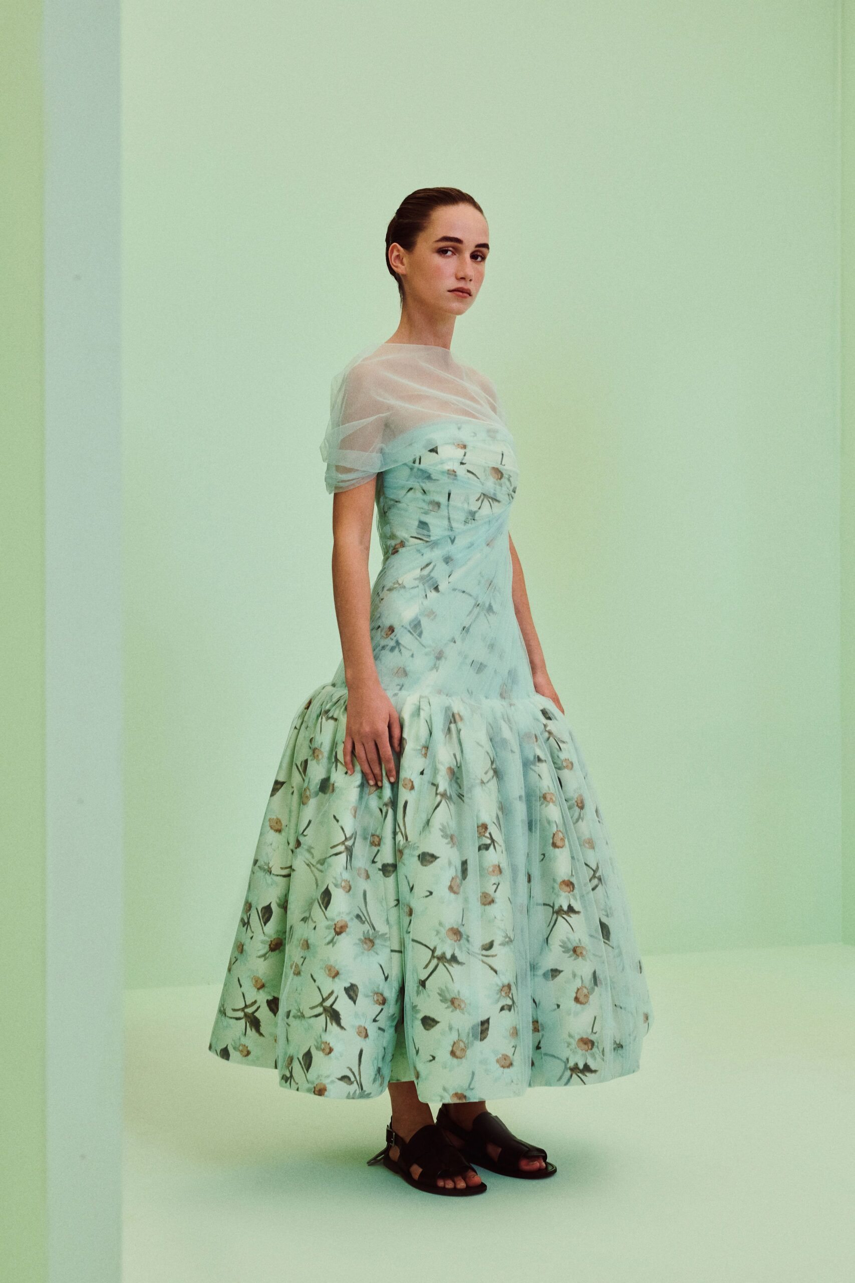 green organza short-sleeve boat-neck fitted floral ruched gown