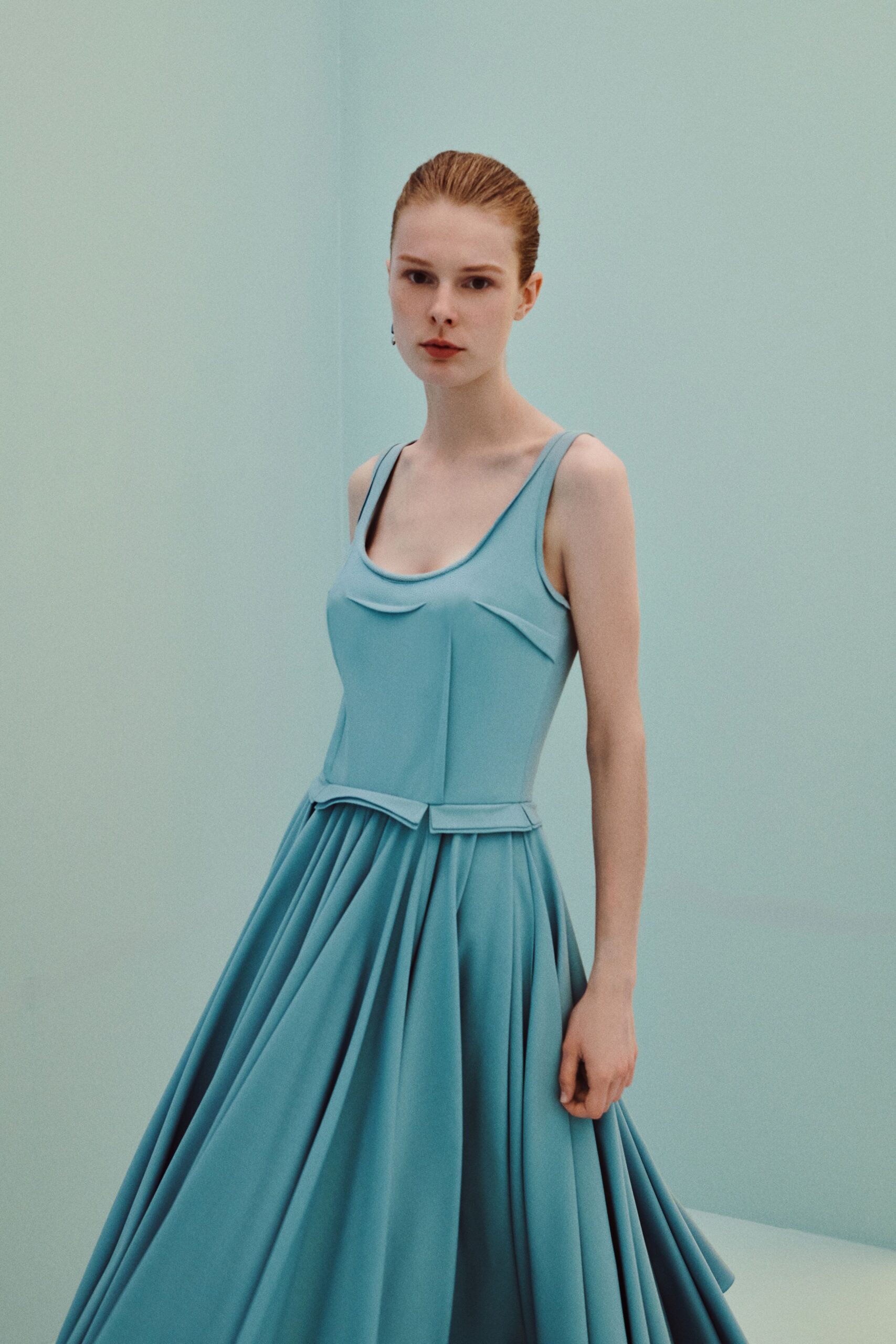 powder blue pleated evening gown